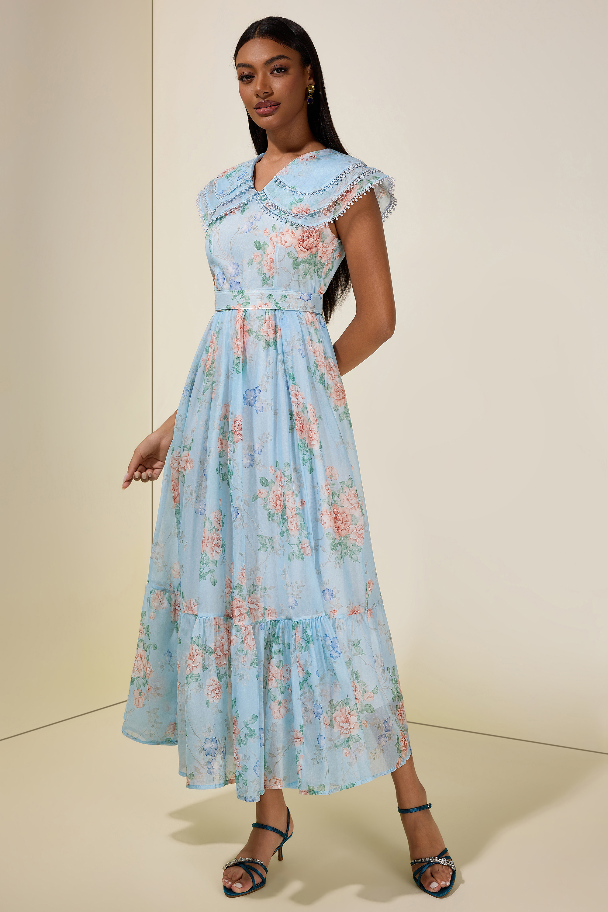 Floral Lace Maxi Dress With Belt