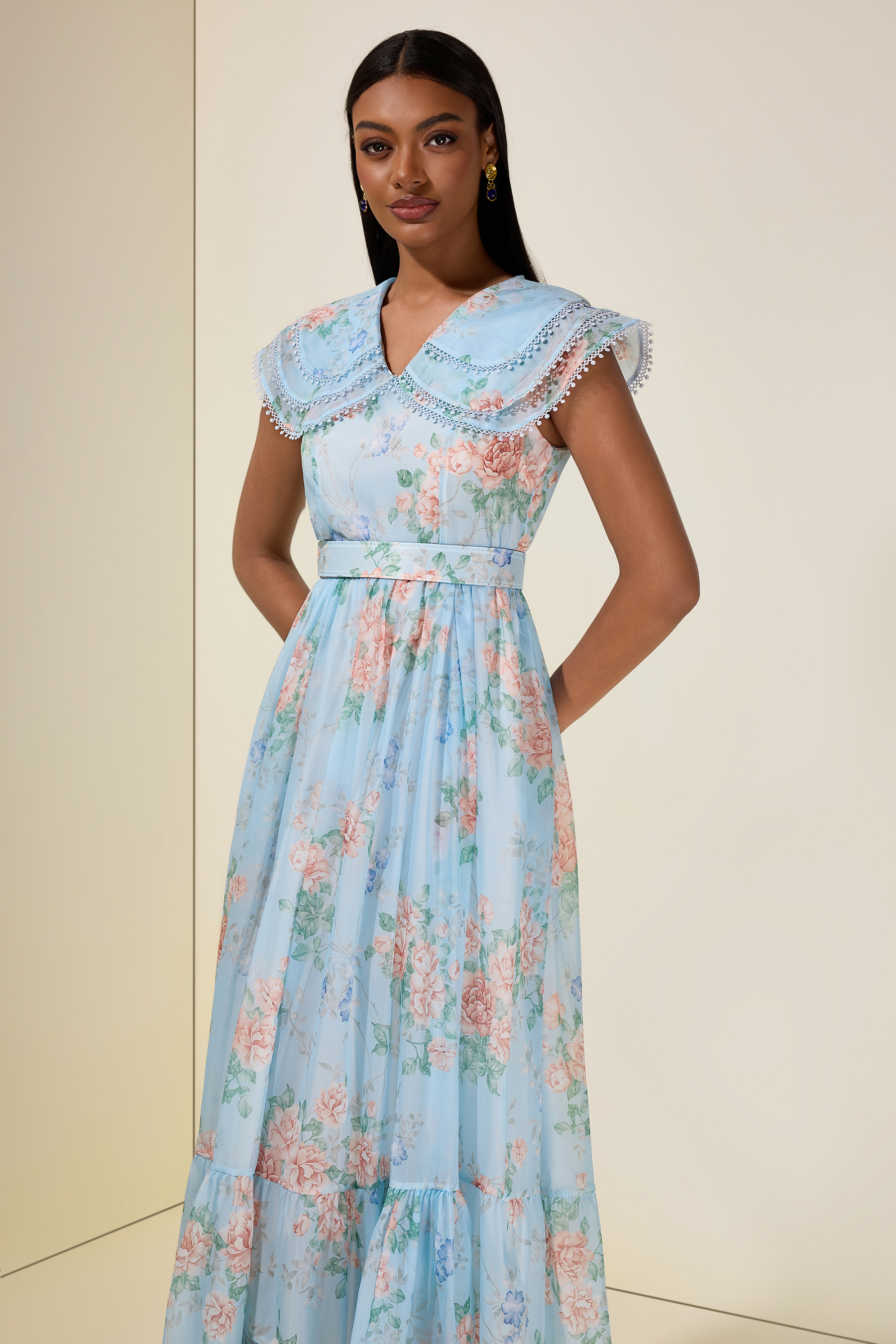 Floral Lace Maxi Dress With Belt