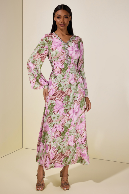Floral Embroidered Bell Sleeve Midi Dress