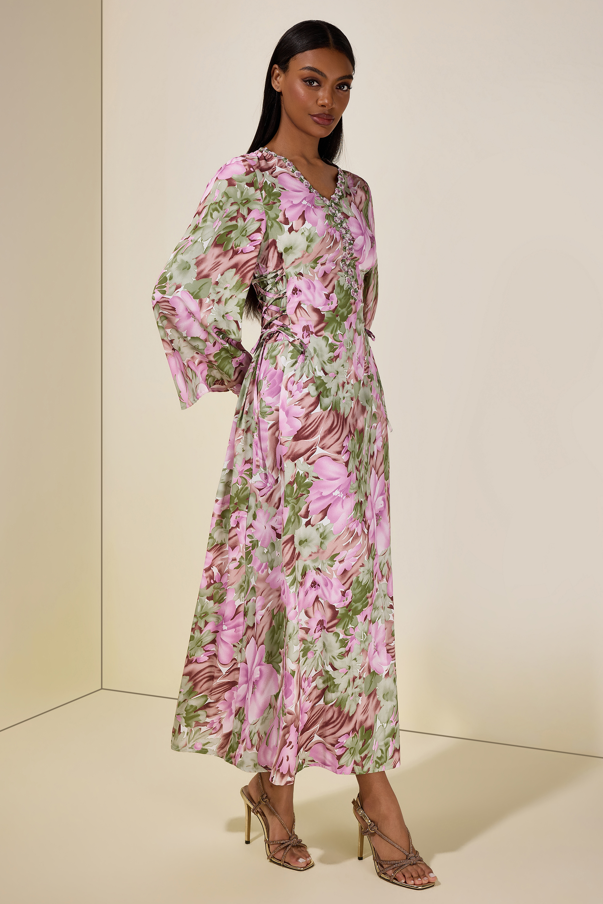 Floral Embroidered Bell Sleeve Midi Dress