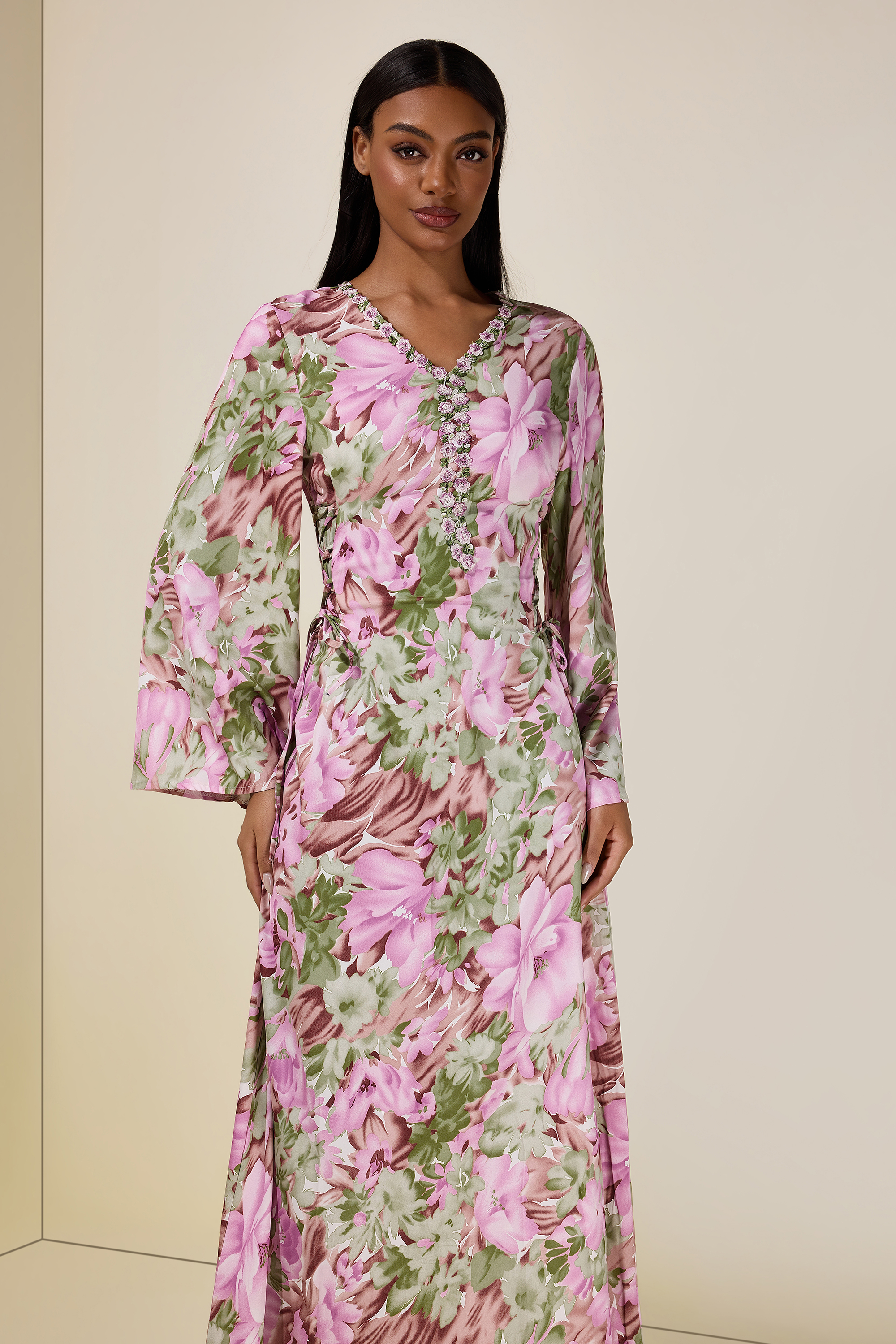 Floral Embroidered Bell Sleeve Midi Dress