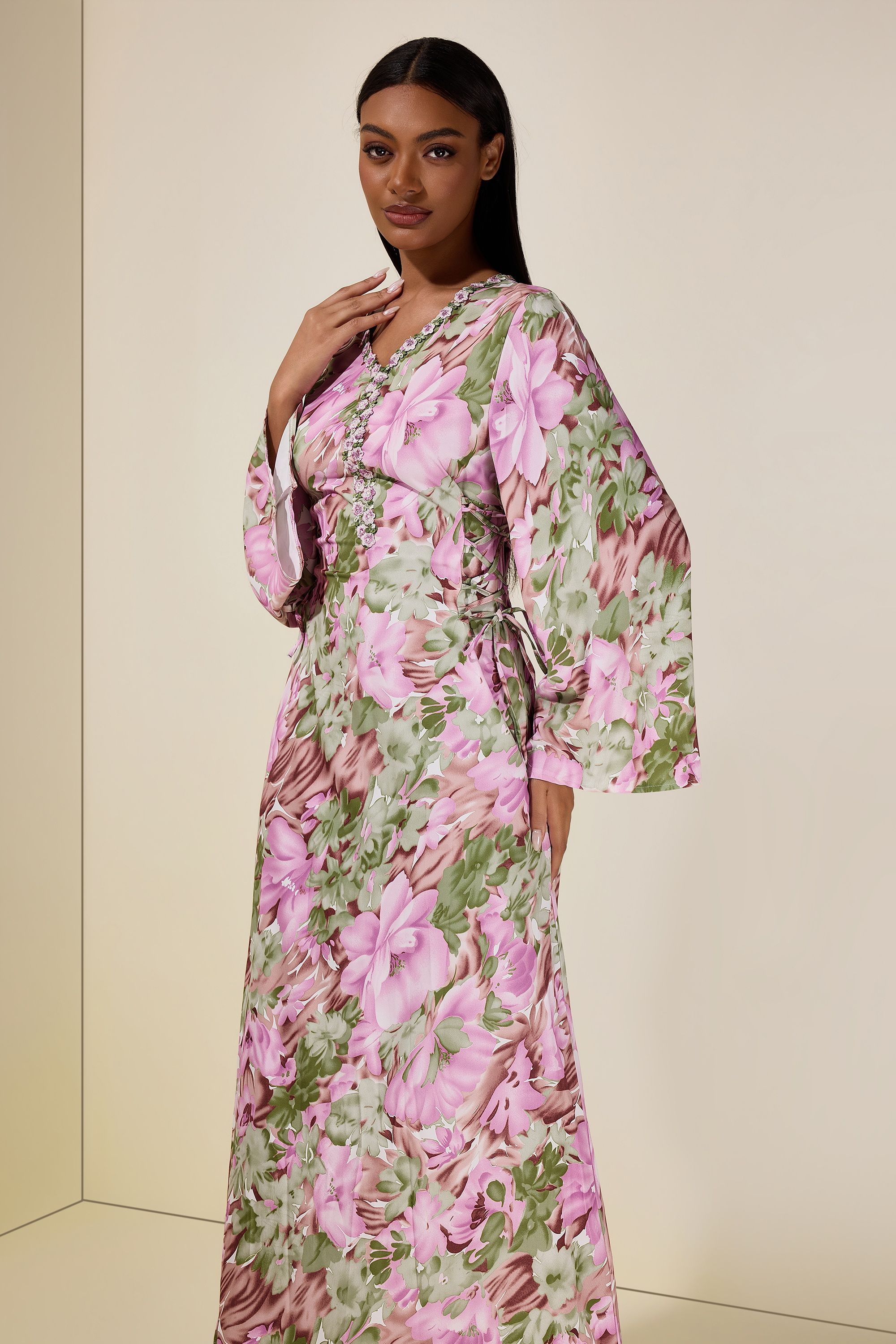 Floral Embroidered Bell Sleeve Midi Dress