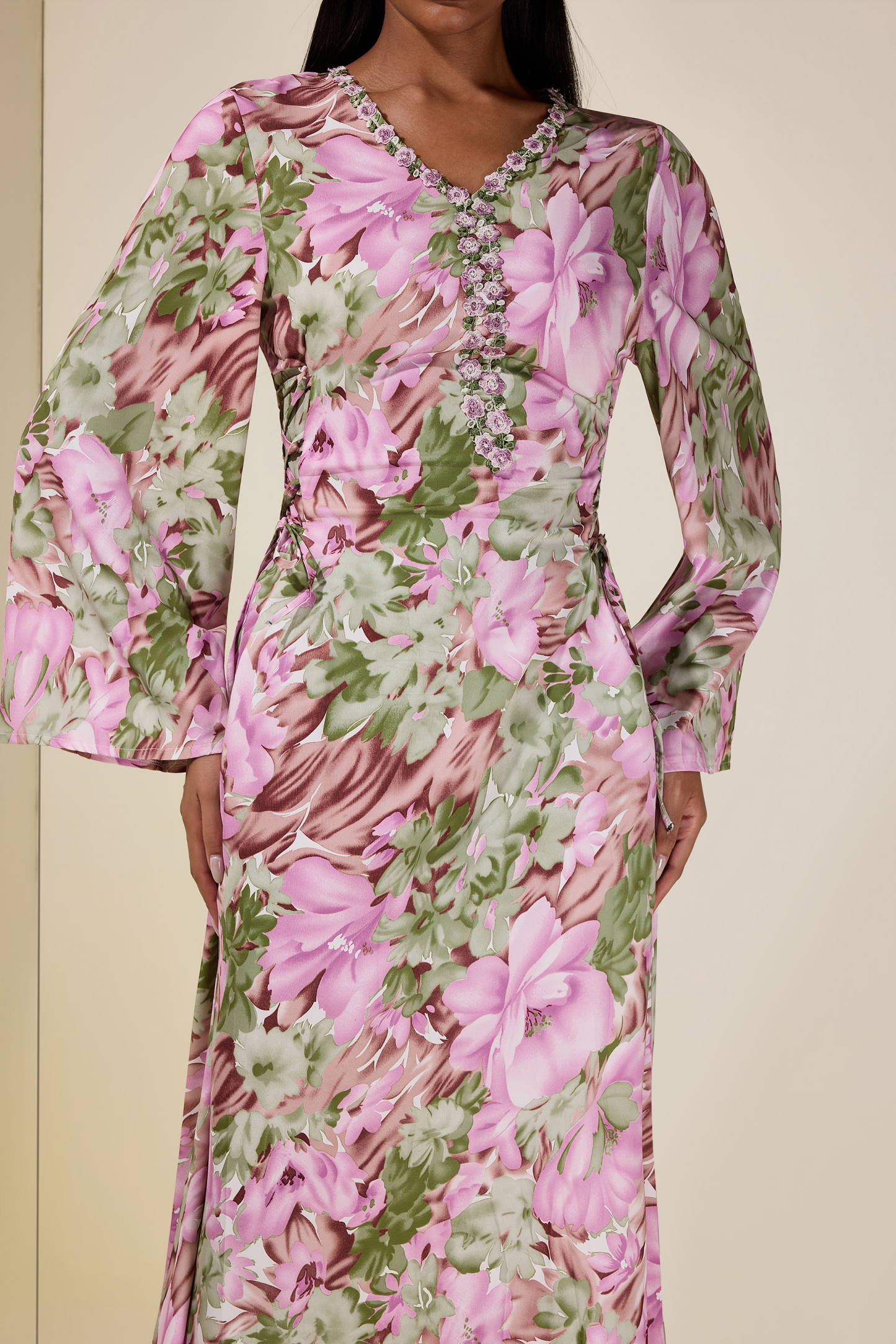 Floral Embroidered Bell Sleeve Midi Dress