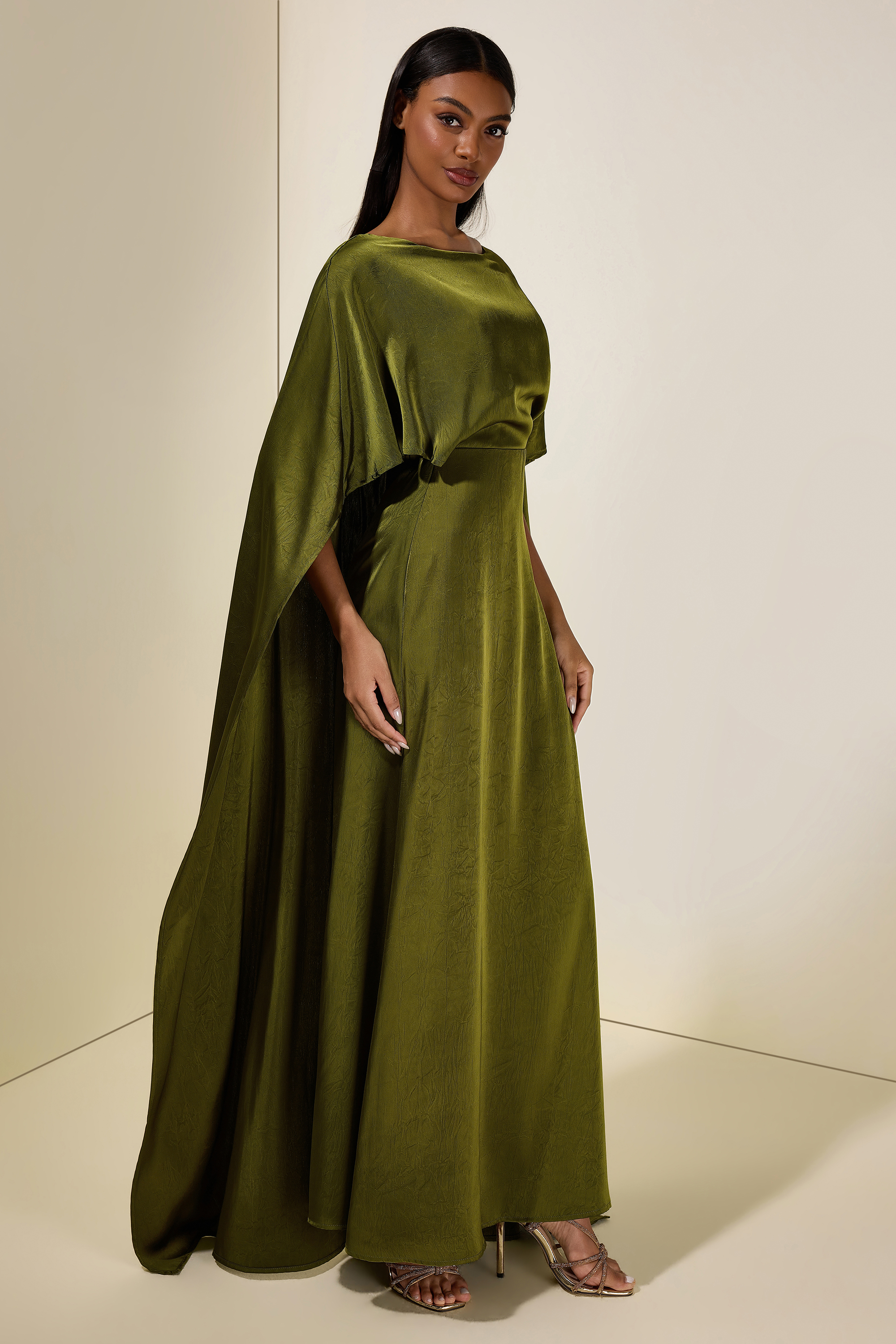 Solid Satin Cape Sleeve Maxi Dress