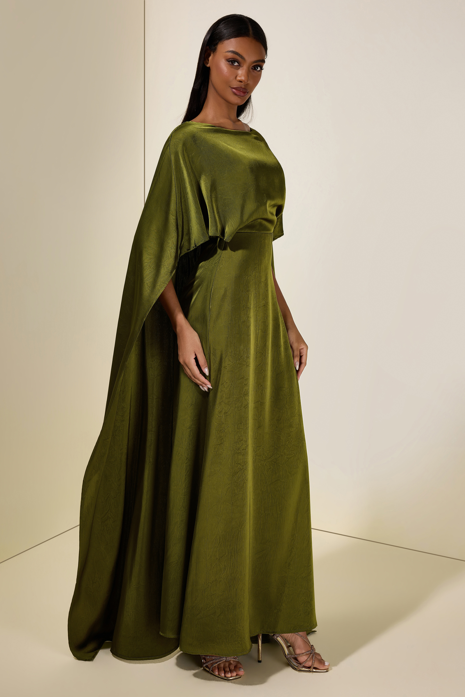 Solid Satin Cape Sleeve Maxi Dress