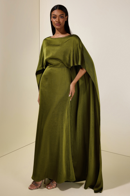 Solid Satin Cape Sleeve Maxi Dress