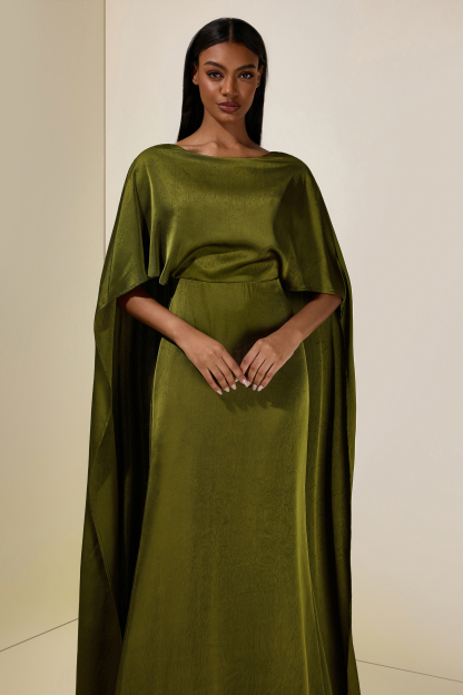 Solid Satin Cape Sleeve Maxi Dress