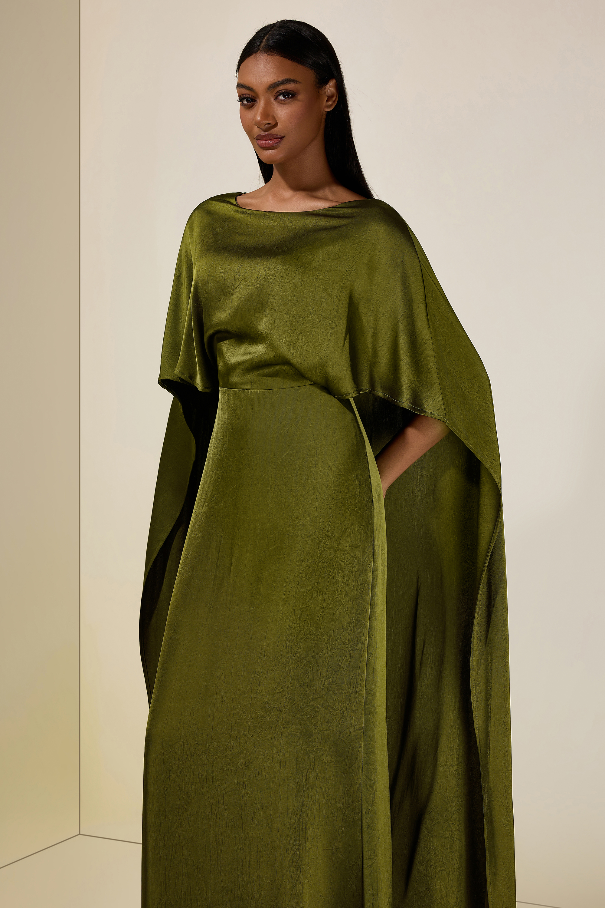 Solid Satin Cape Sleeve Maxi Dress