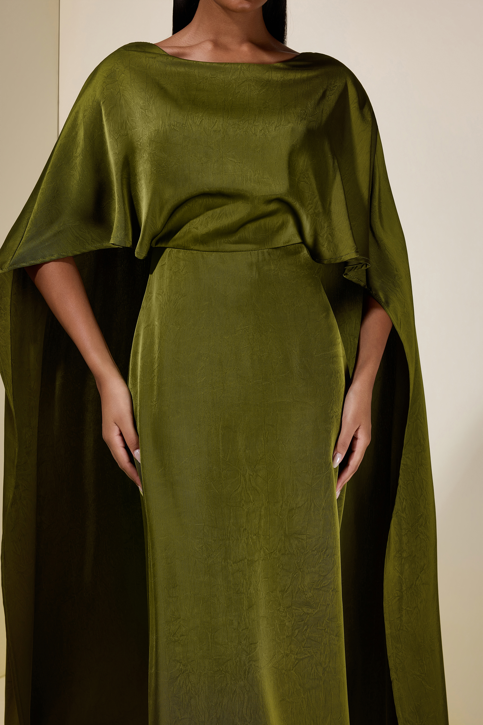 Solid Satin Cape Sleeve Maxi Dress