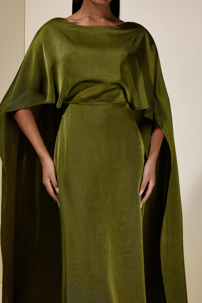 Solid Satin Cape Sleeve Maxi Dress