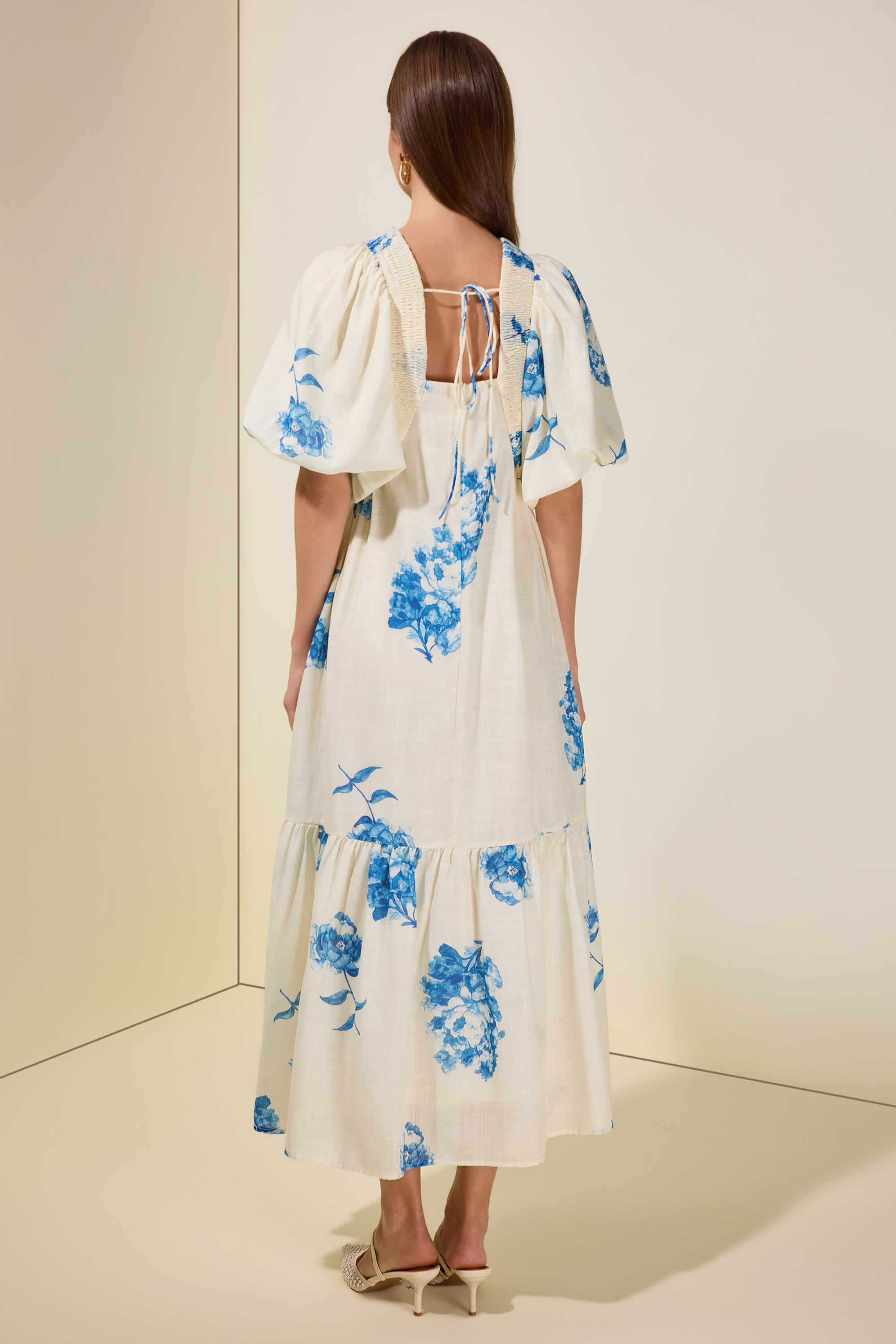 Botanical Print Smocking Puff Sleeve Midi Dress