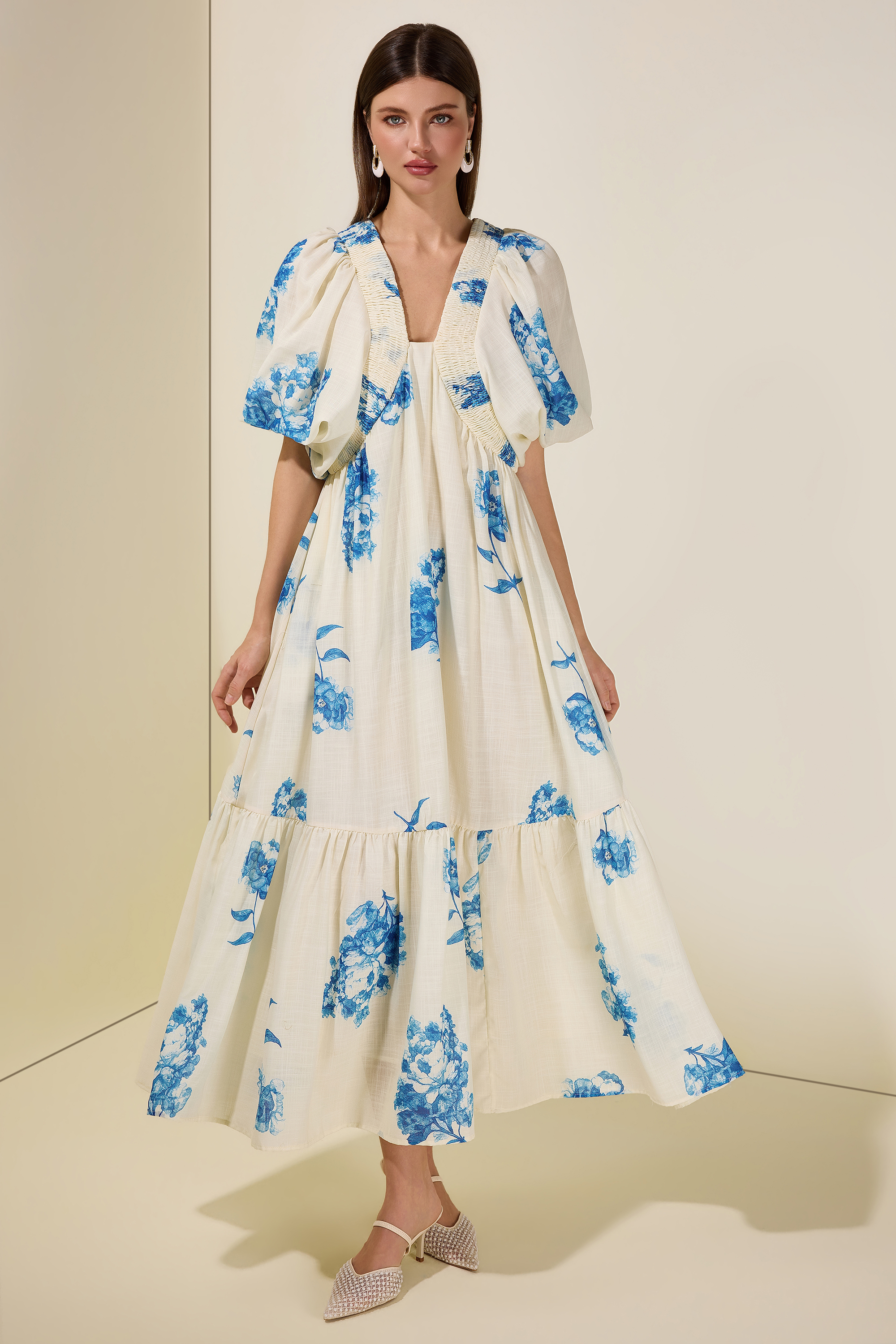 Botanical Print Smocking Puff Sleeve Midi Dress