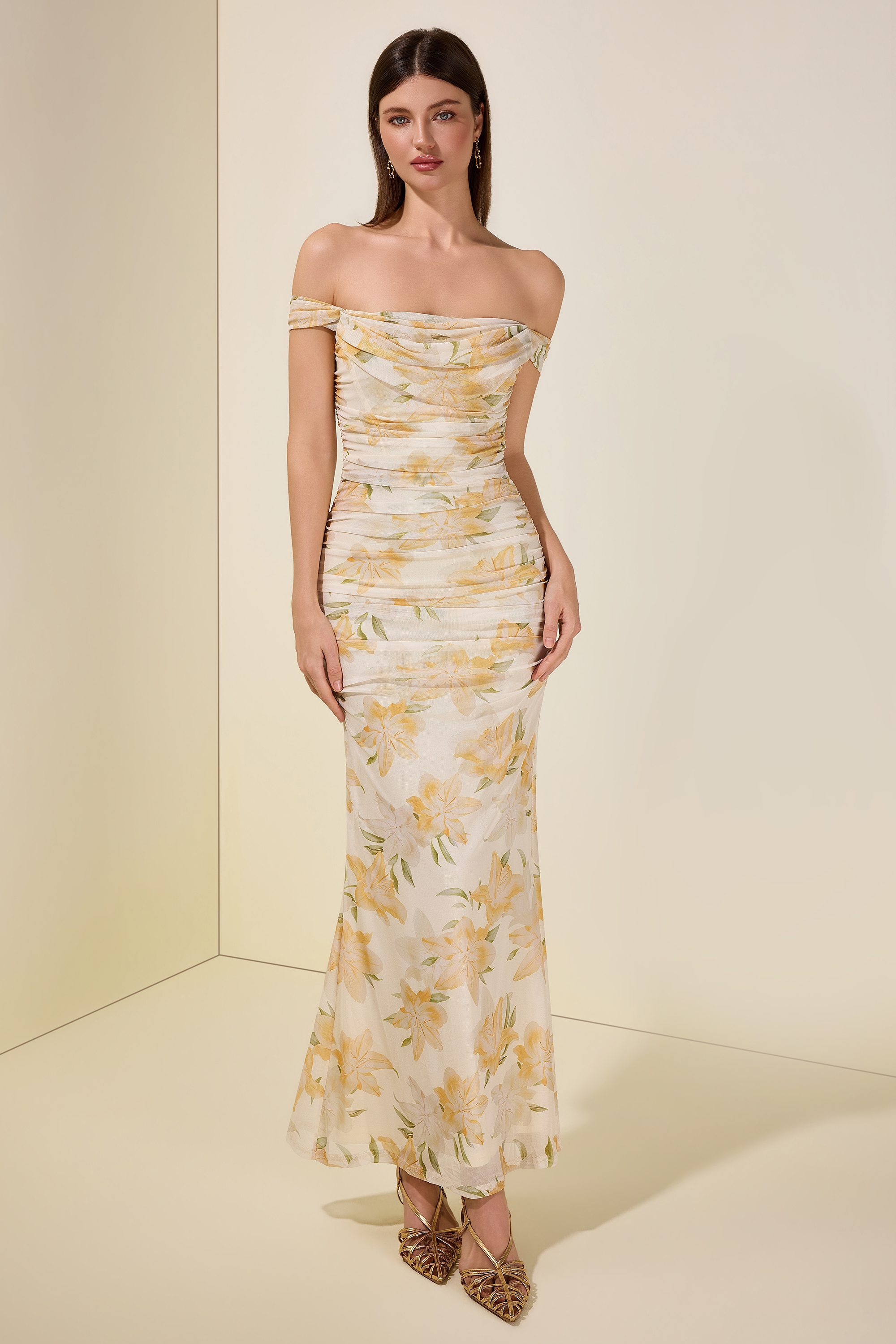 Mesh Floral Gathering Midi Dress