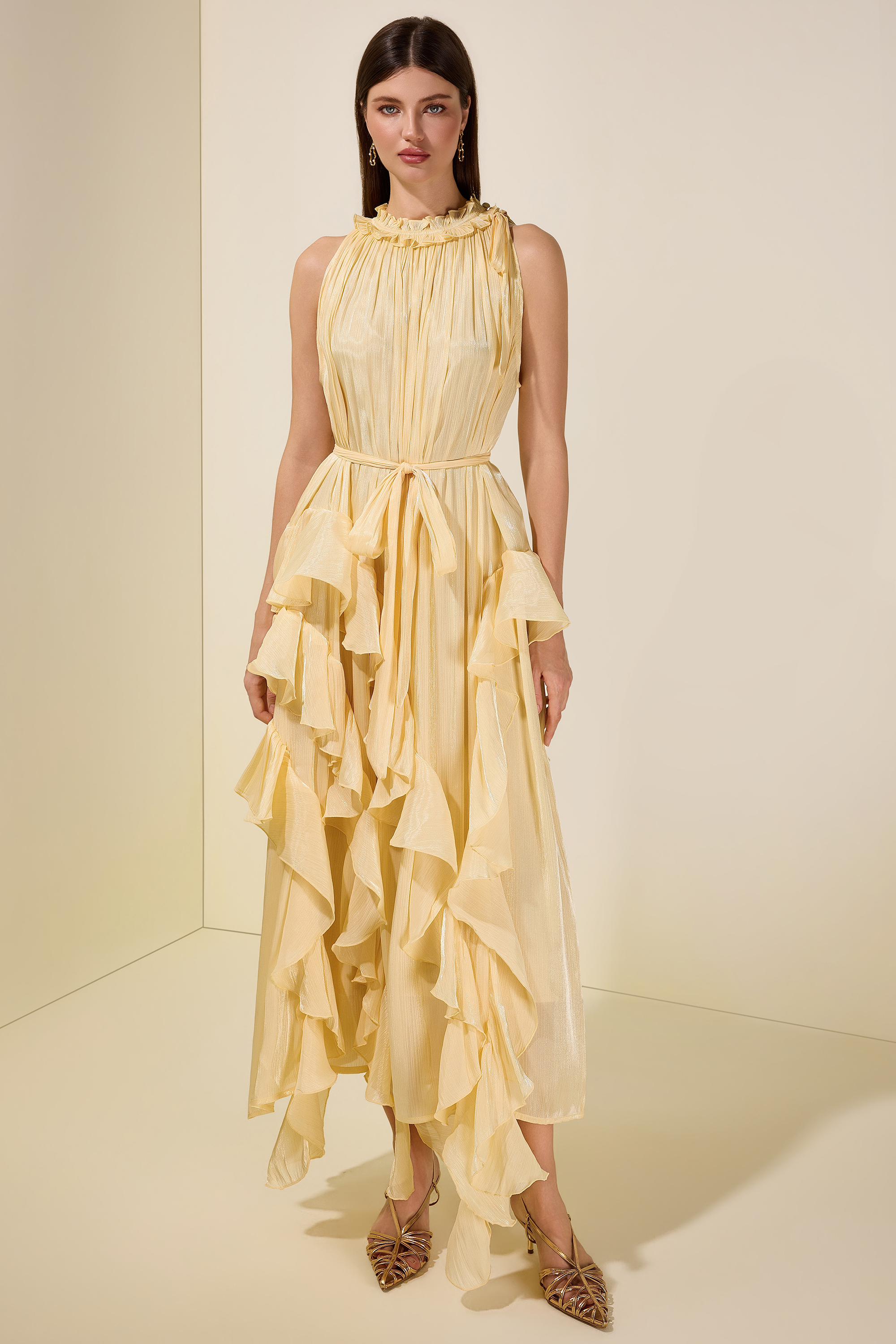 Satin Halter Neck Ruffle Midi Dress