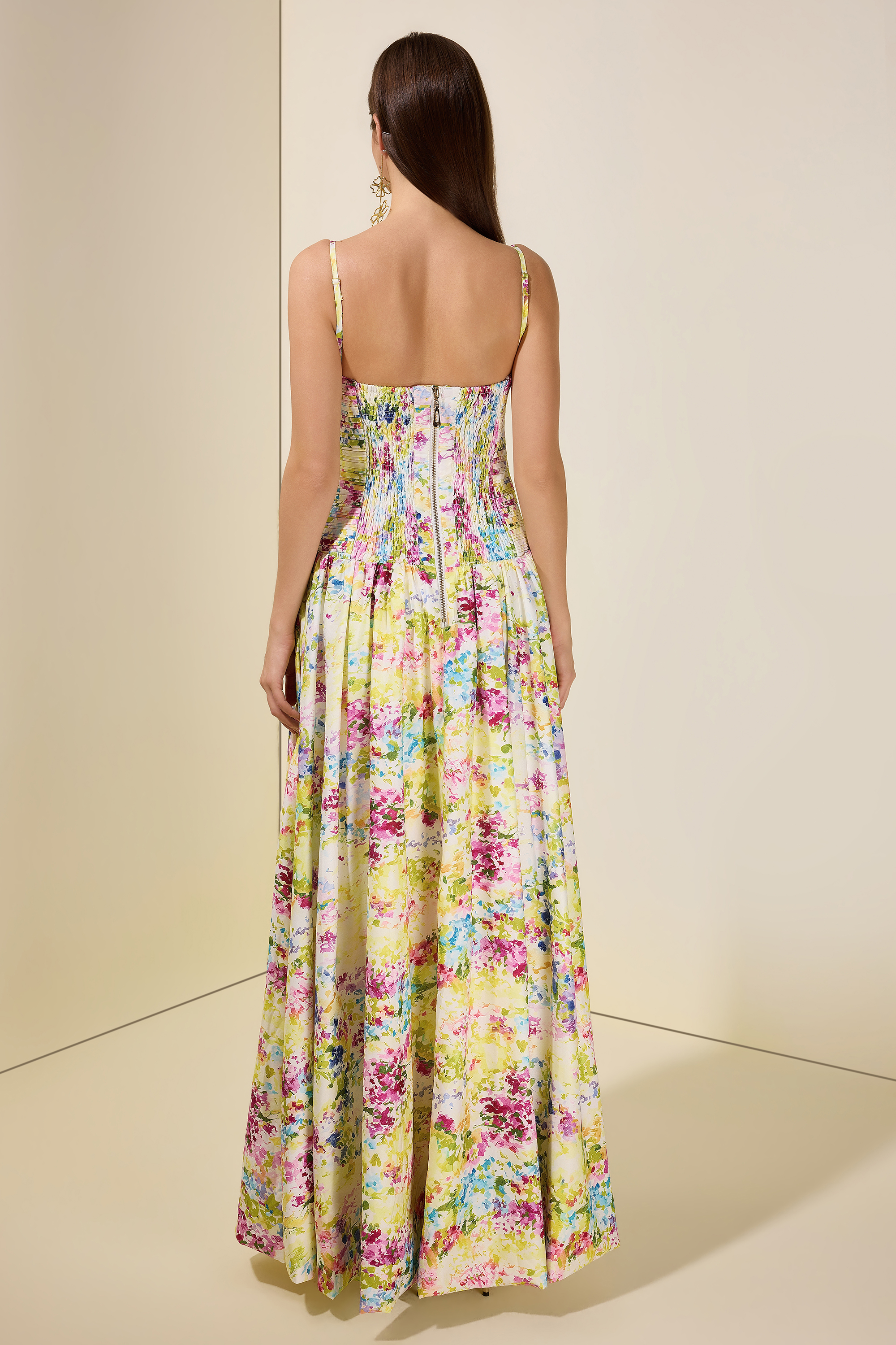 Floral Pleated Smocking Slit Maxi Dress
