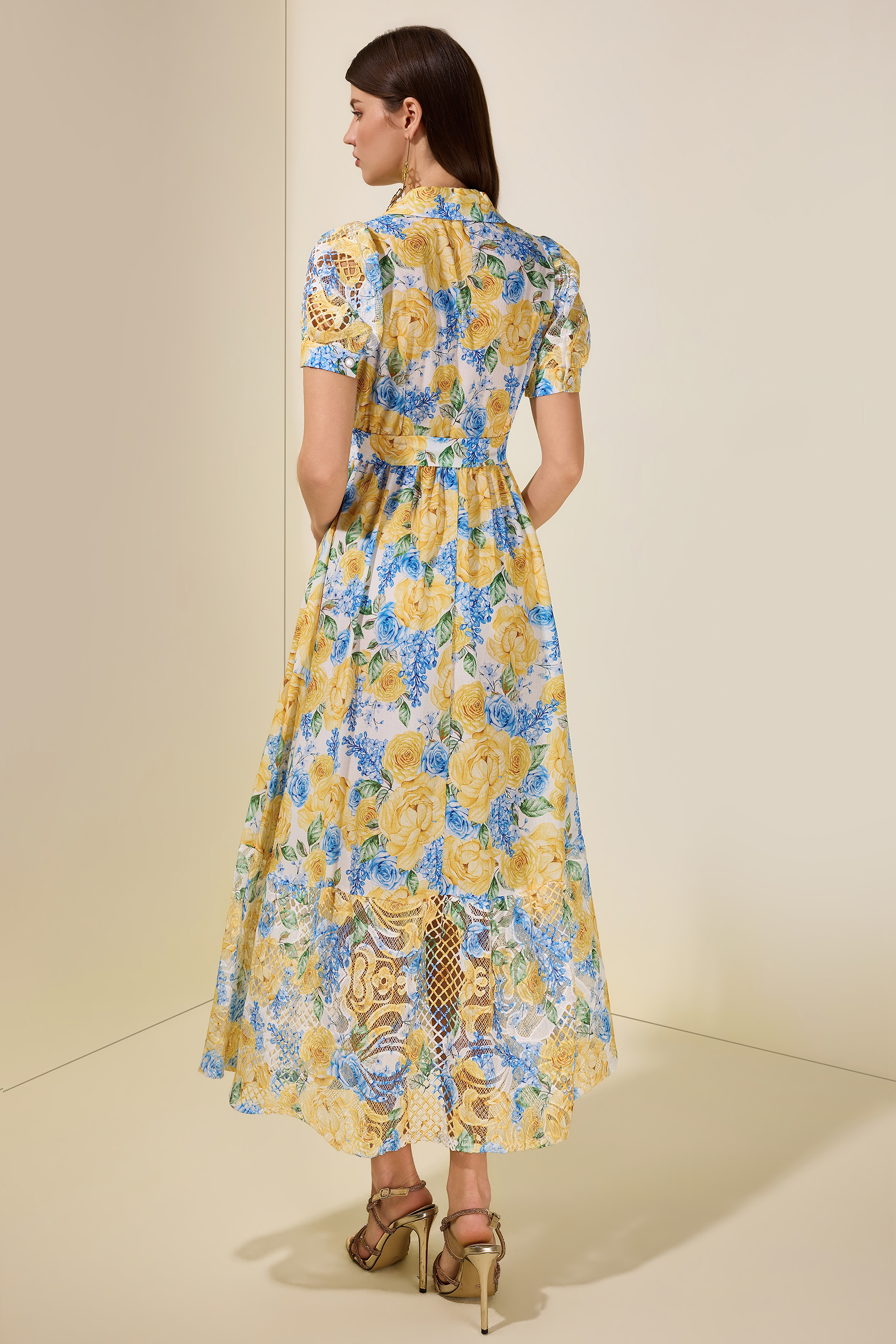 Floral Lace Tailored Collar Midi Dress