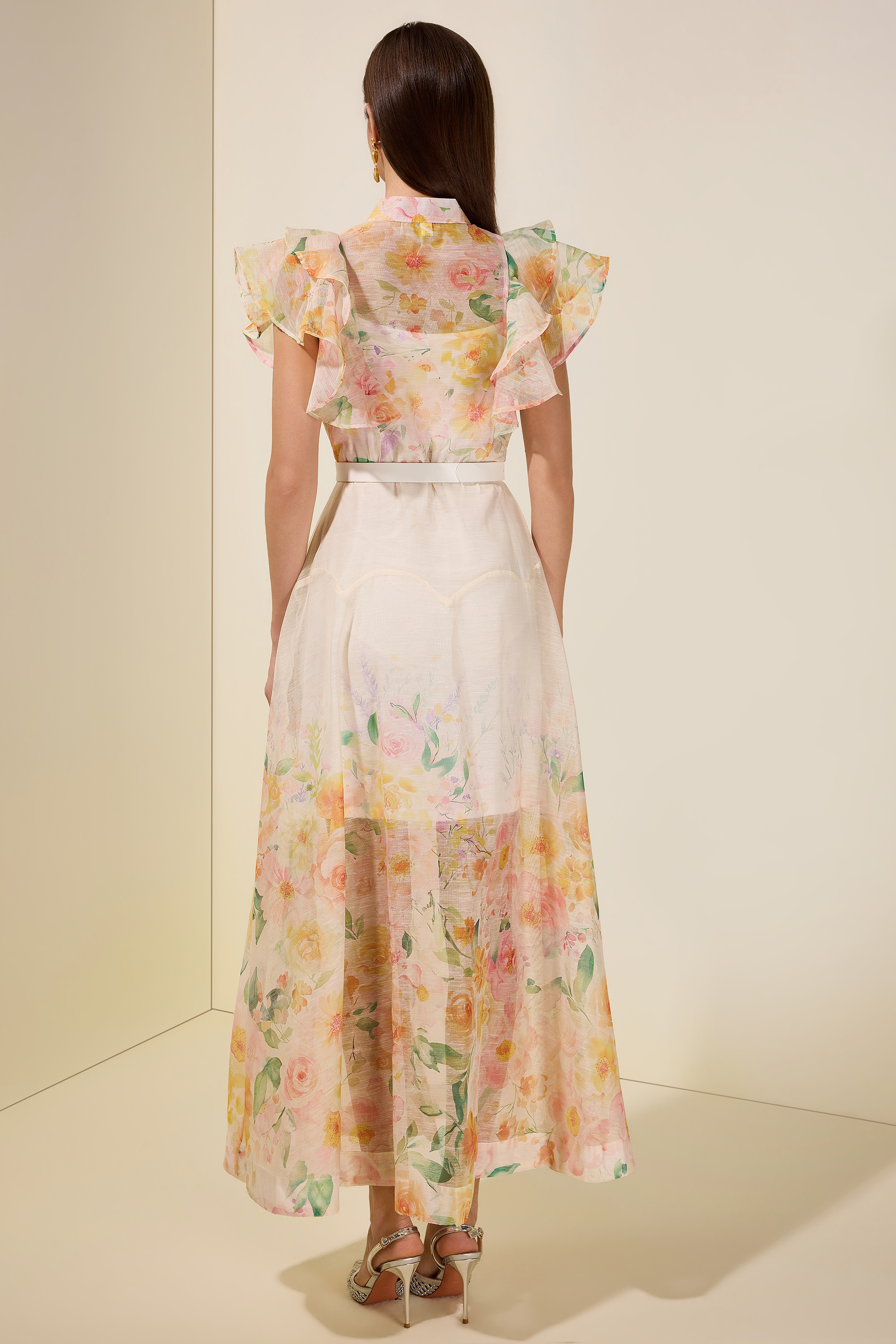 Floral Ruffle Midi Dress With Belt