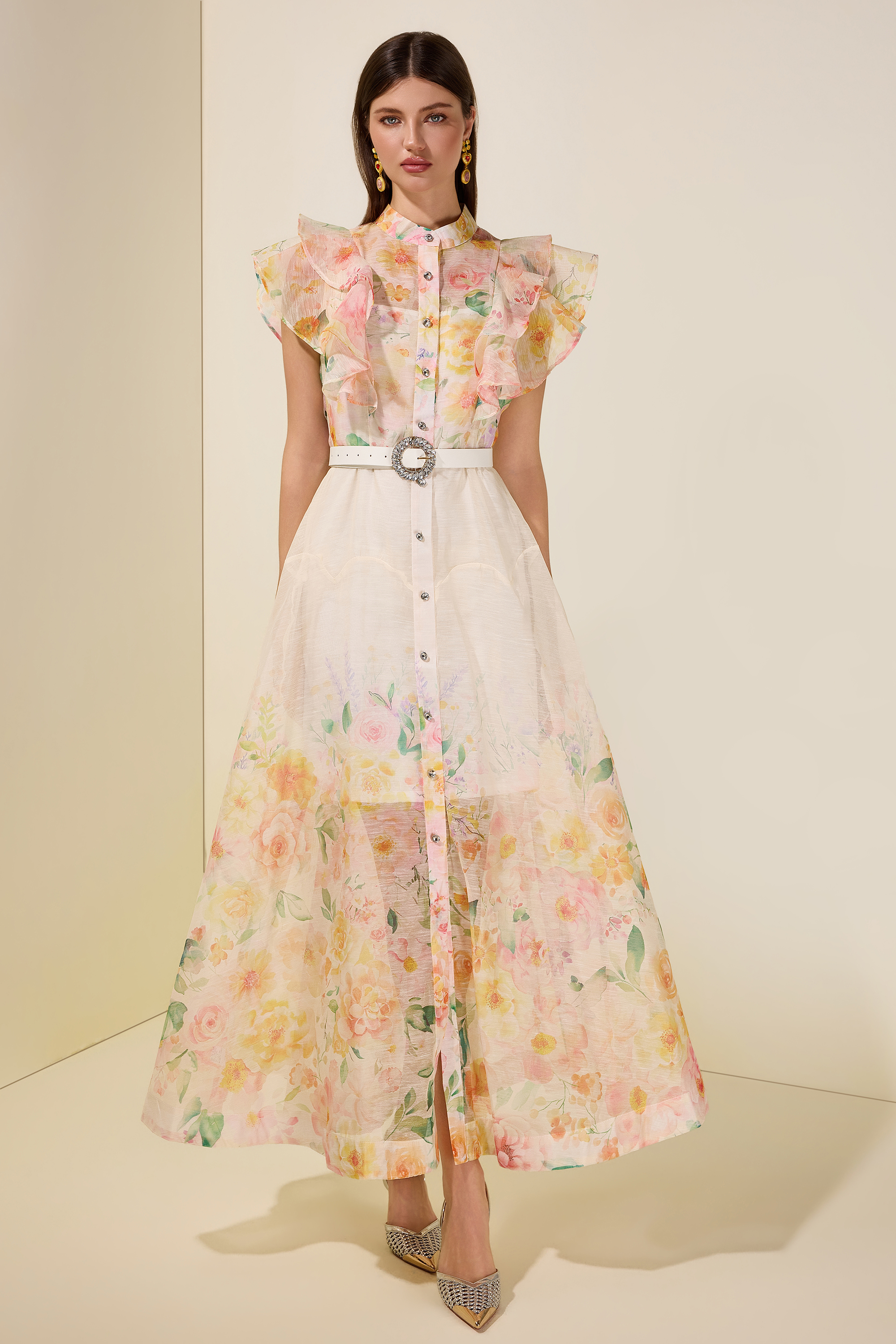 Floral Ruffle Midi Dress With Belt