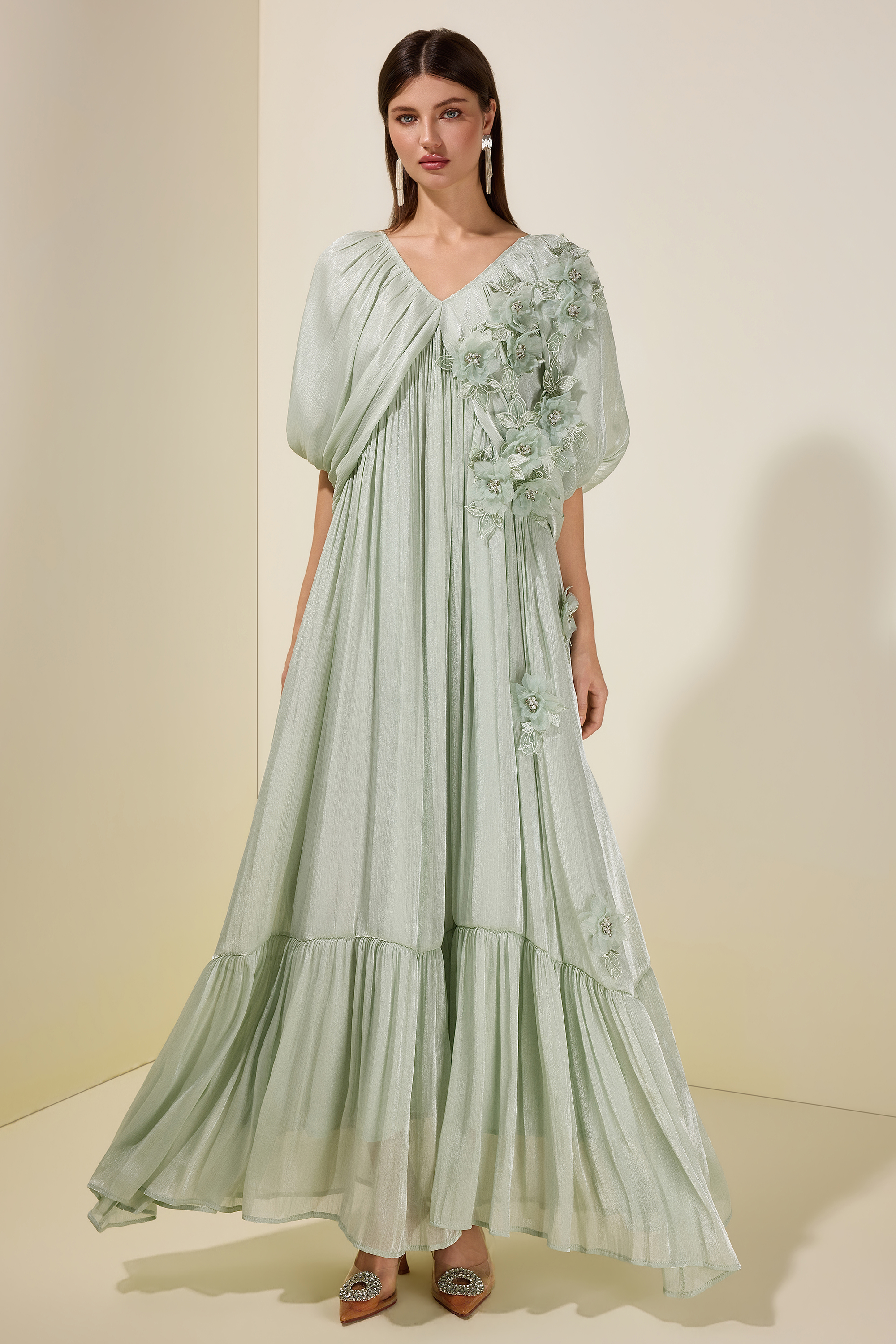 Satin V-Neck Cape Sleeve 3D Flower Maxi Dress