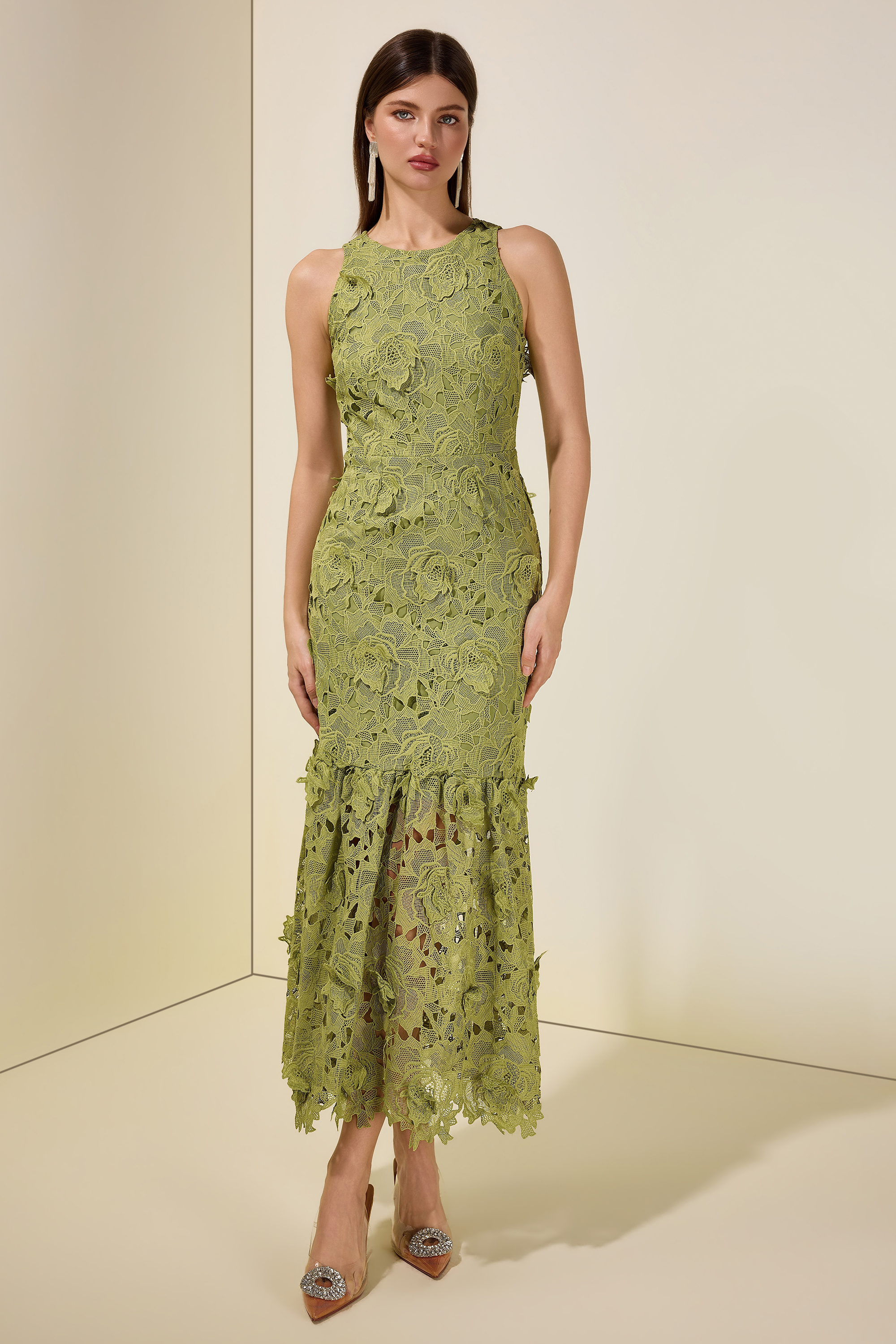 Lace Embroidered Sleeveless Midi Dress