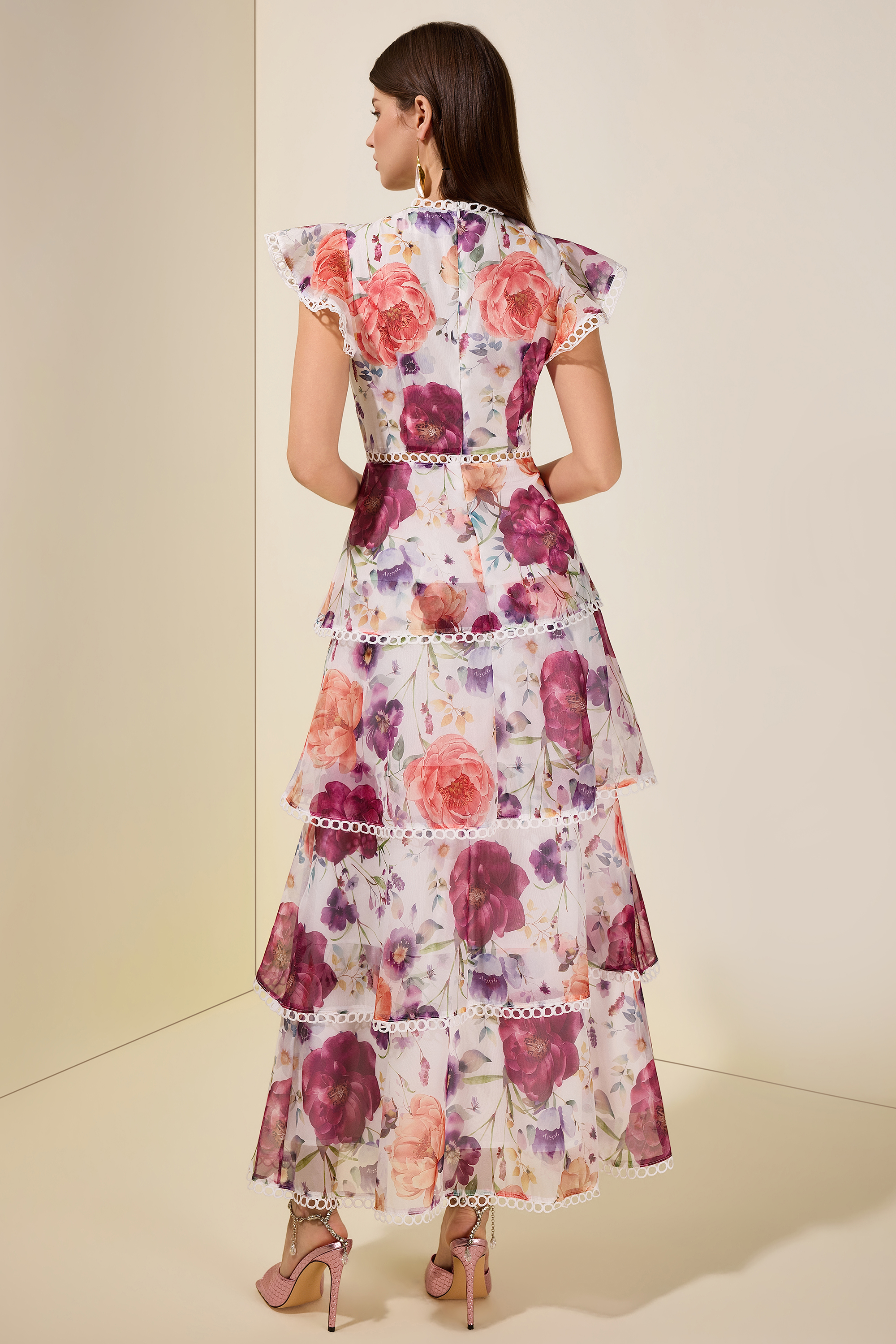 Floral Lace Ruffle Midi Dress