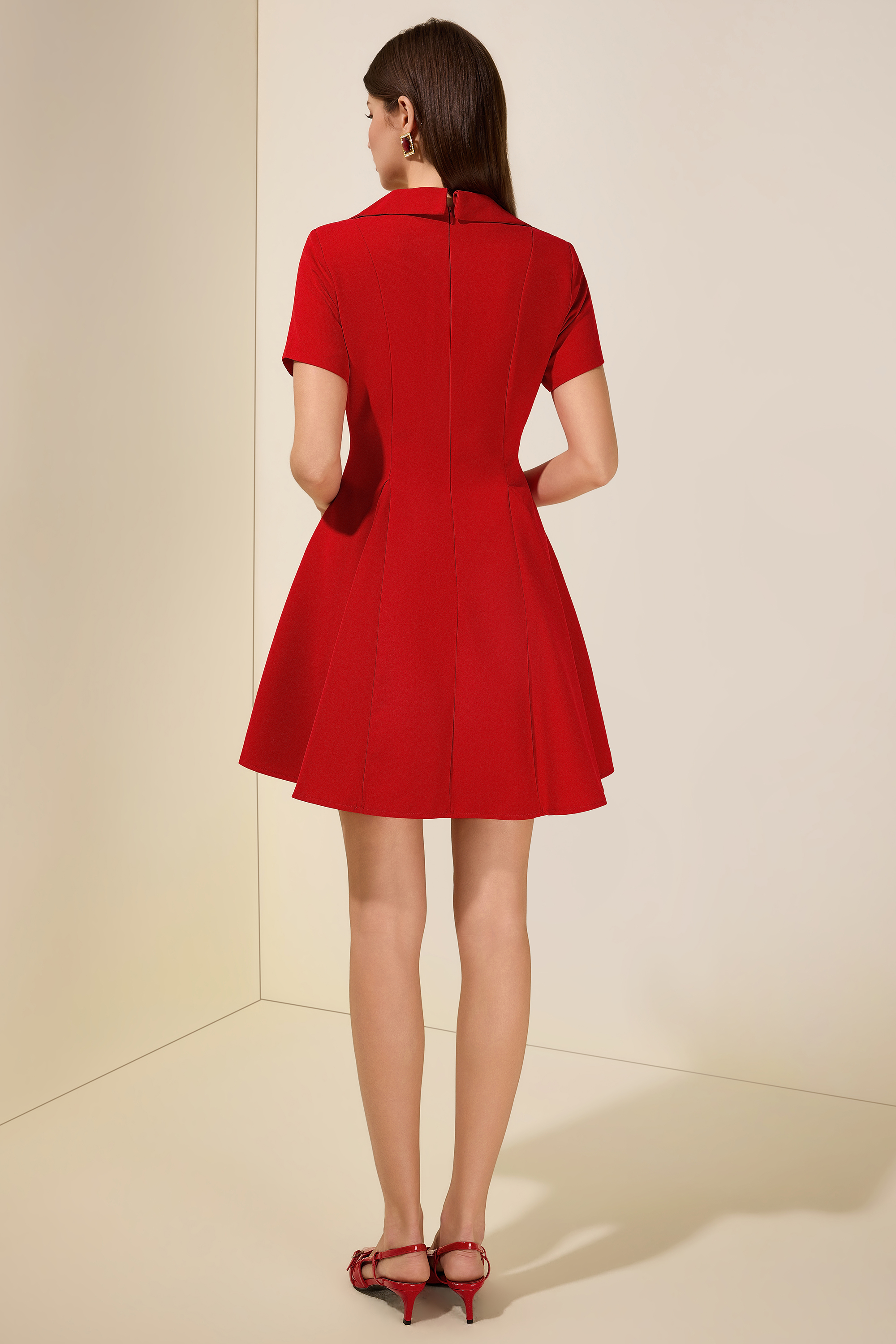 Solid Square Collar  Metal Button Mini Dress