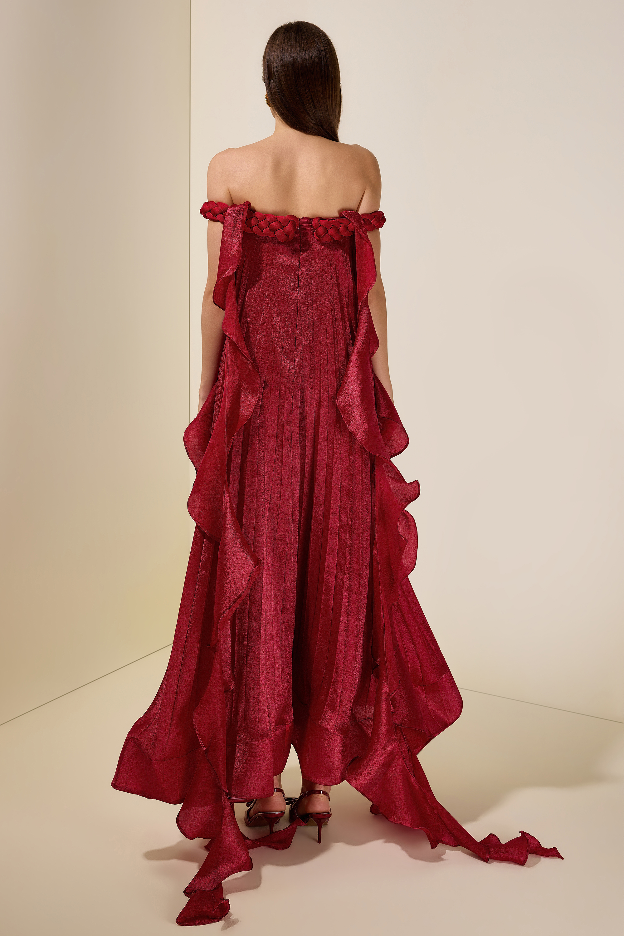 Solid Decorative Rope Ruffle Maxi Dress