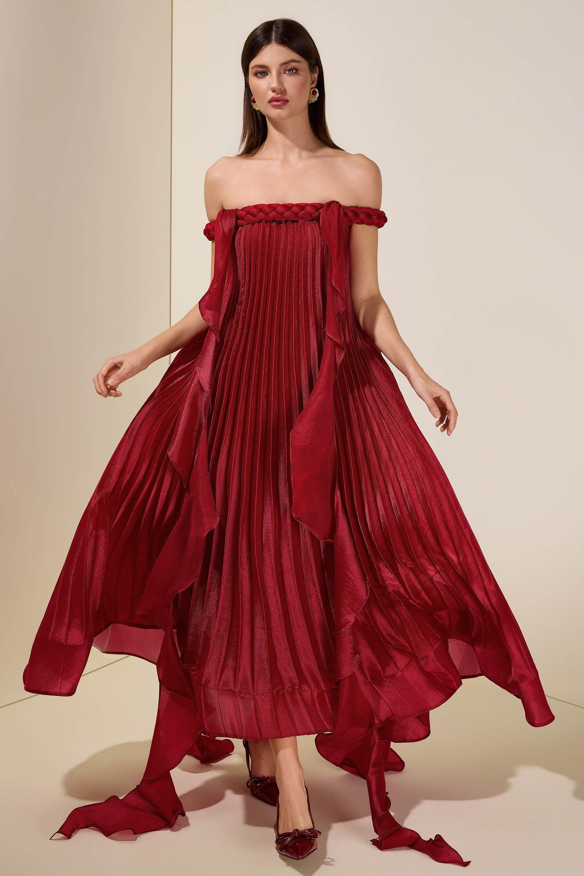 Solid Decorative Rope Ruffle Maxi Dress