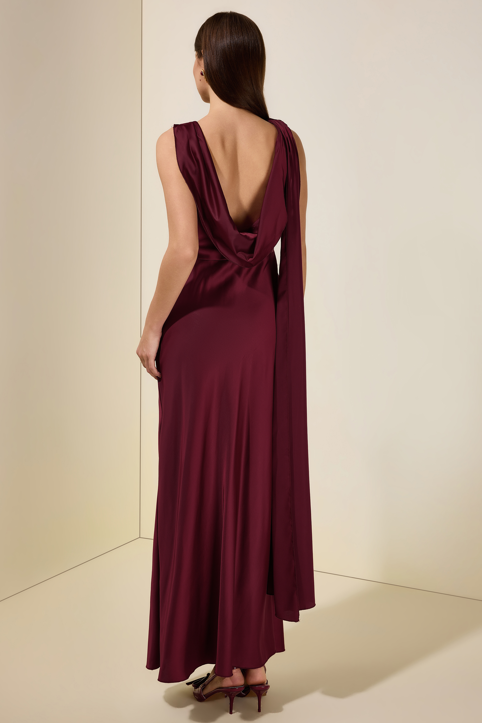 Satin Cape Sleeve Backless Maxi Dress