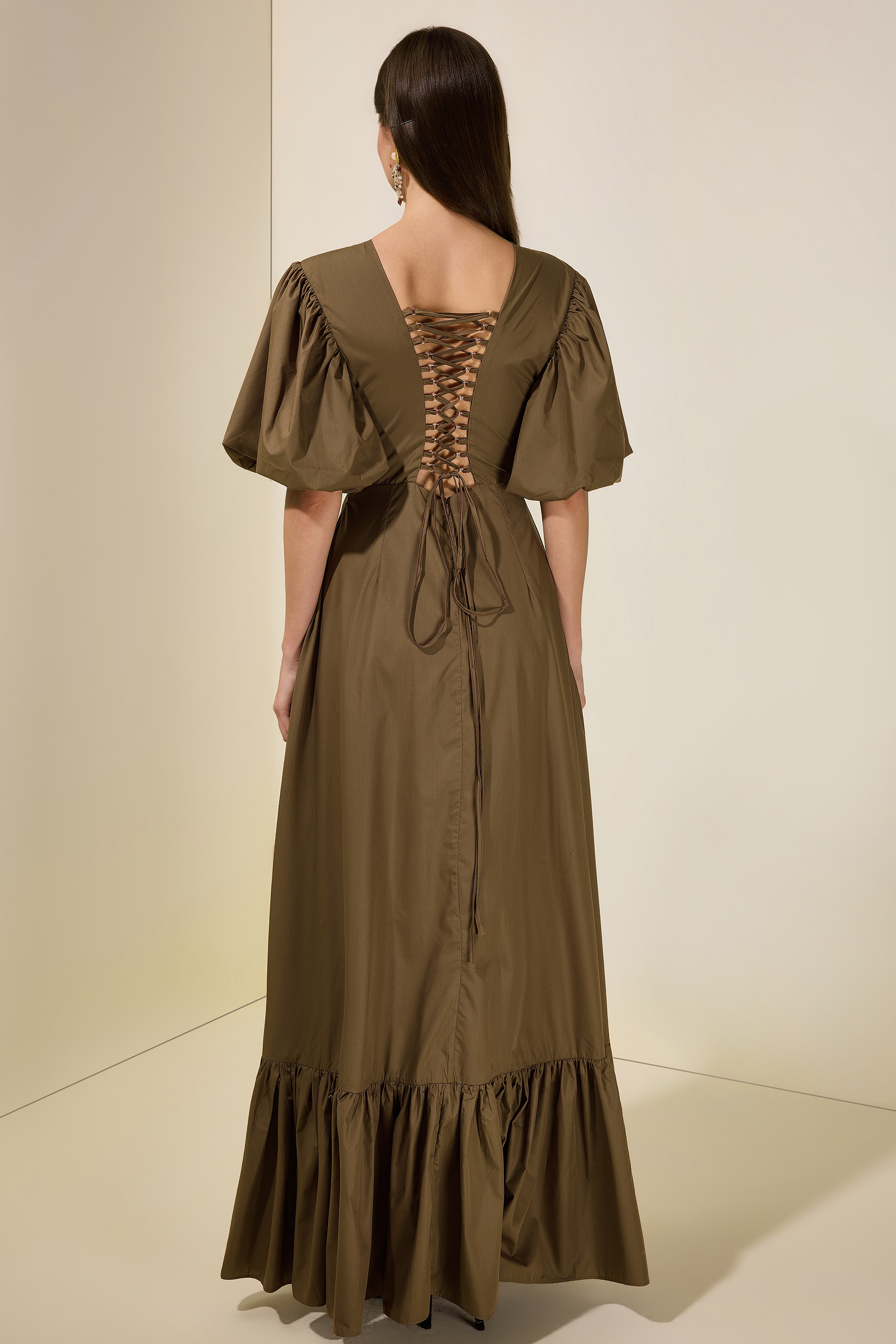Solid Tie-Up Ruffle Maxi Dress