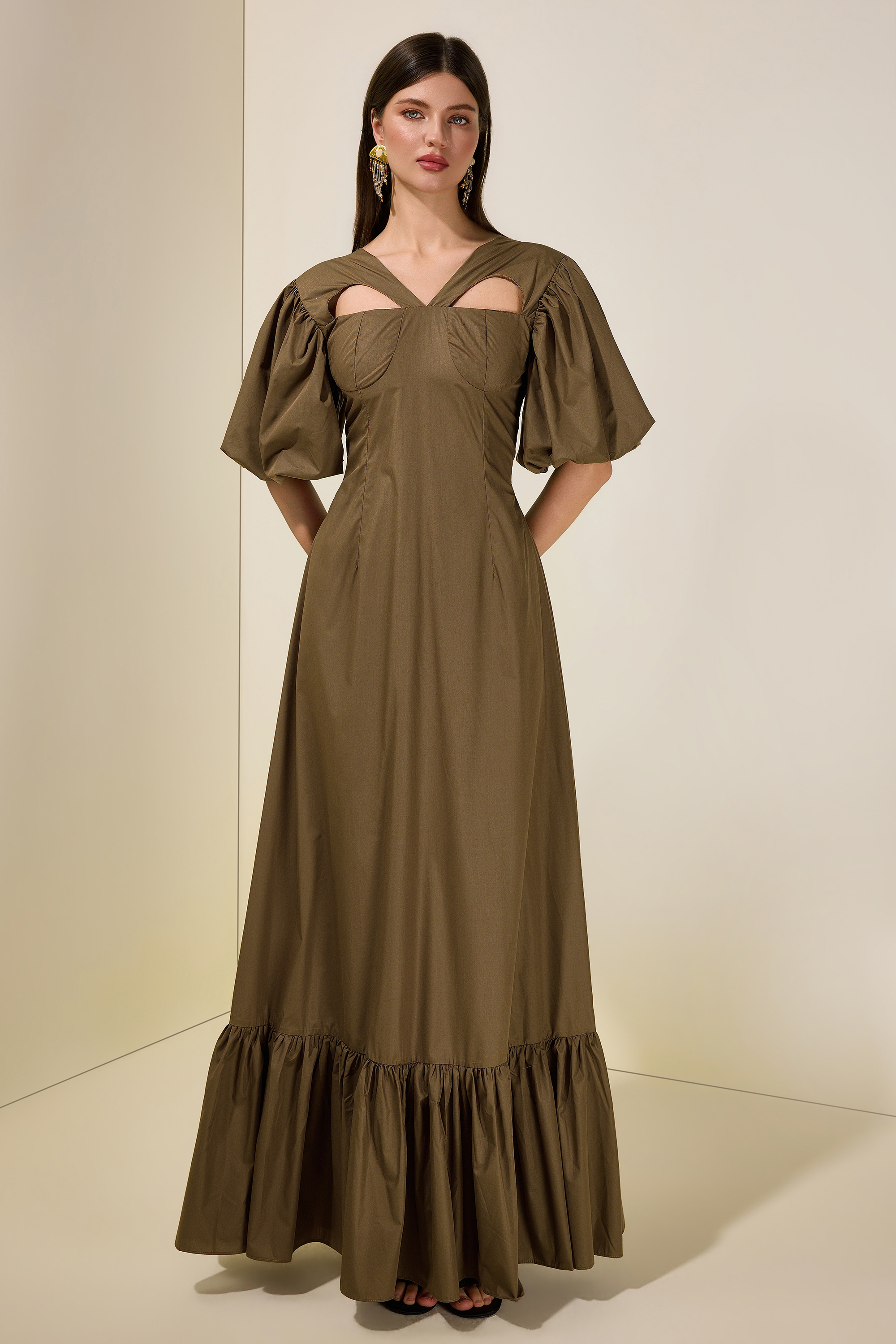 Solid Tie-Up Ruffle Maxi Dress