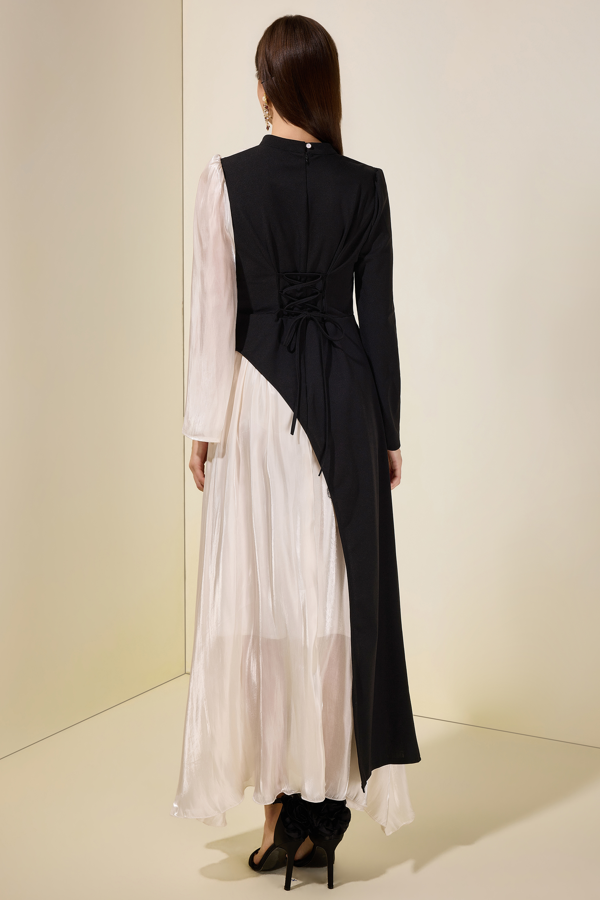 Contrast Color Satin Splicing Jersey Maxi Dress