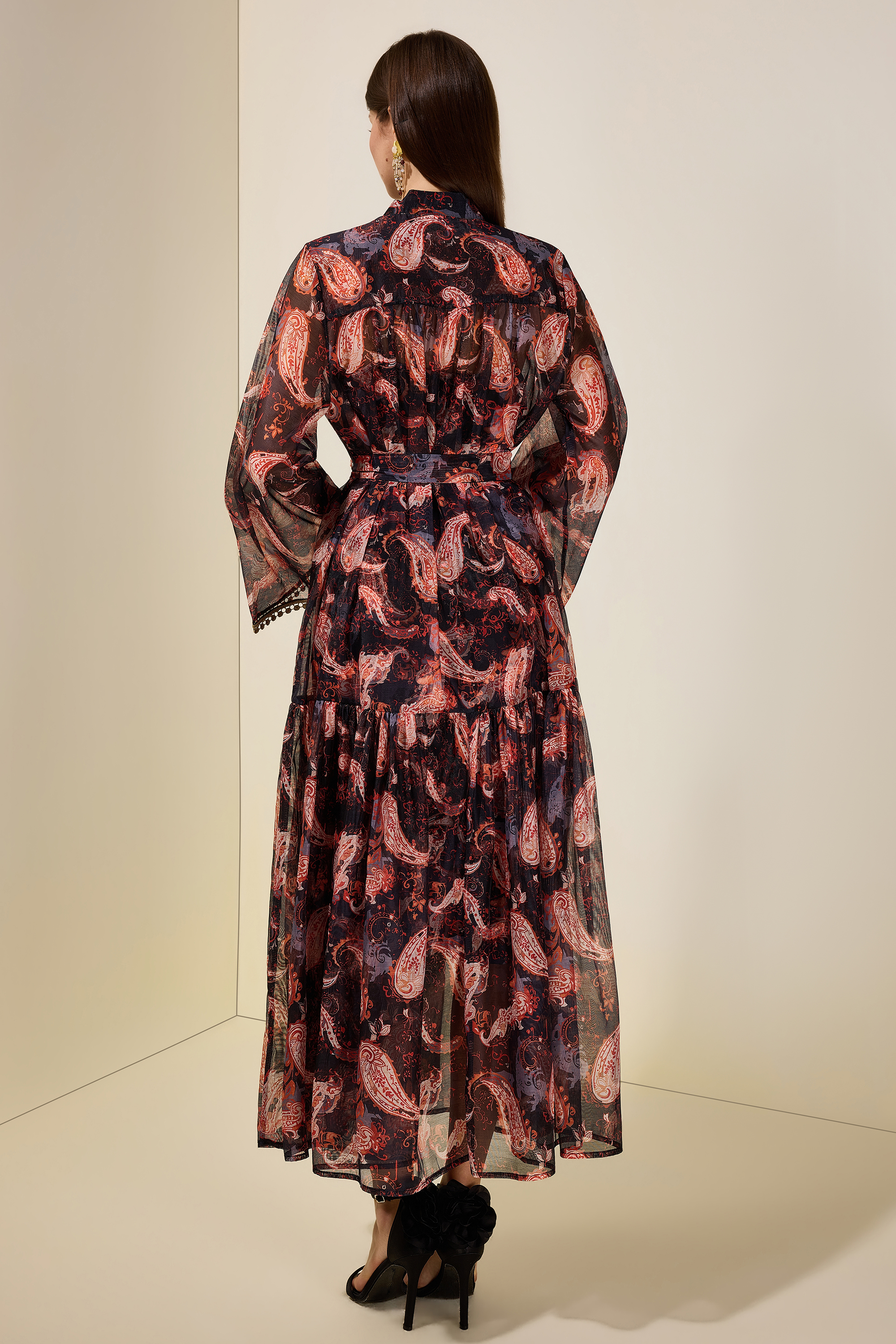 Paisley Print Stand Collar Lace Maxi Dress With Belt