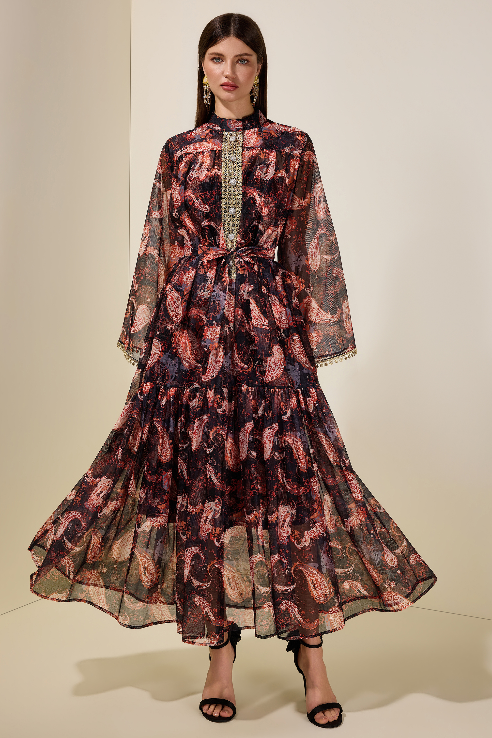 Paisley Print Stand Collar Lace Maxi Dress With Belt