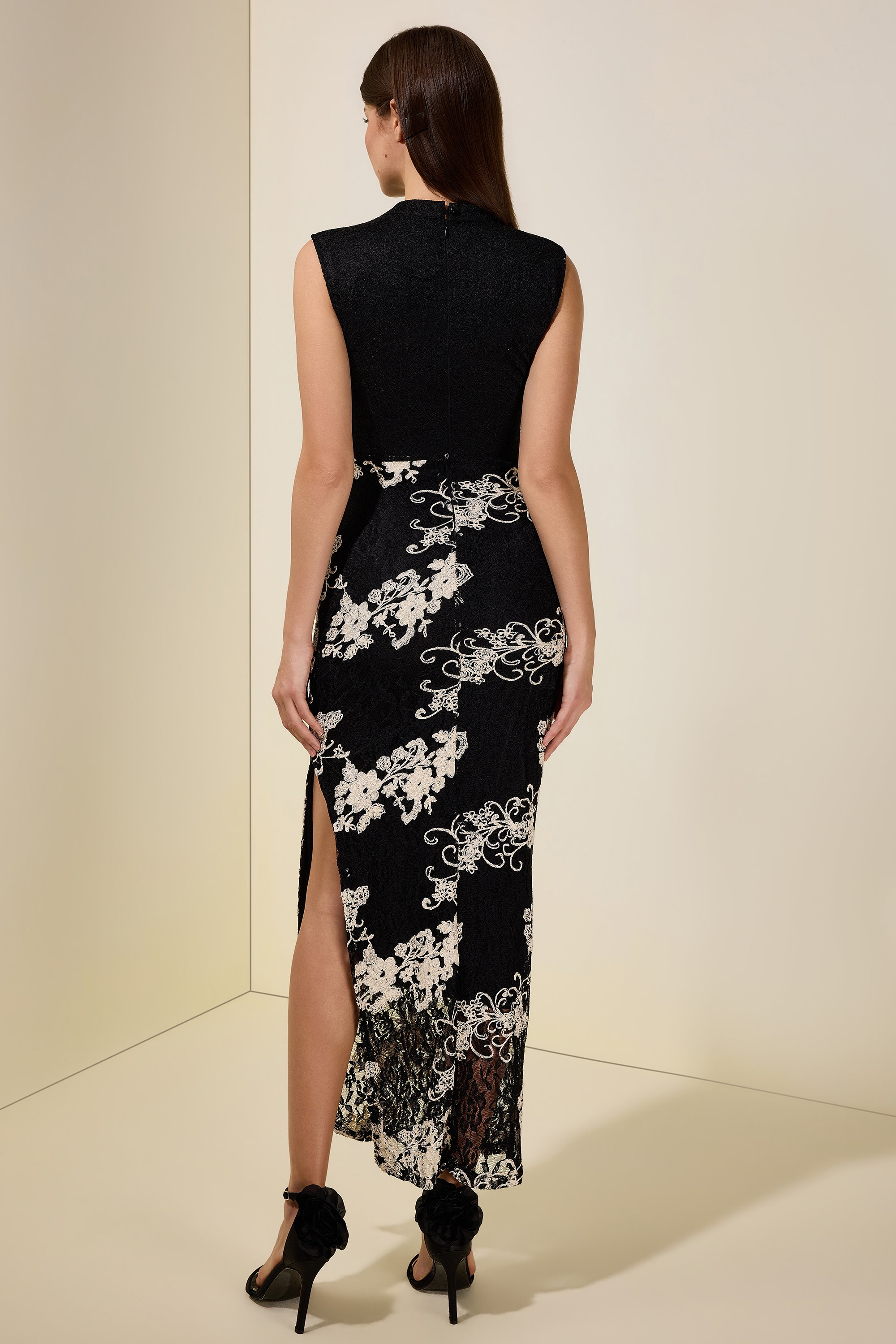 Lace Embroidered Stand Collar Maxi Dress