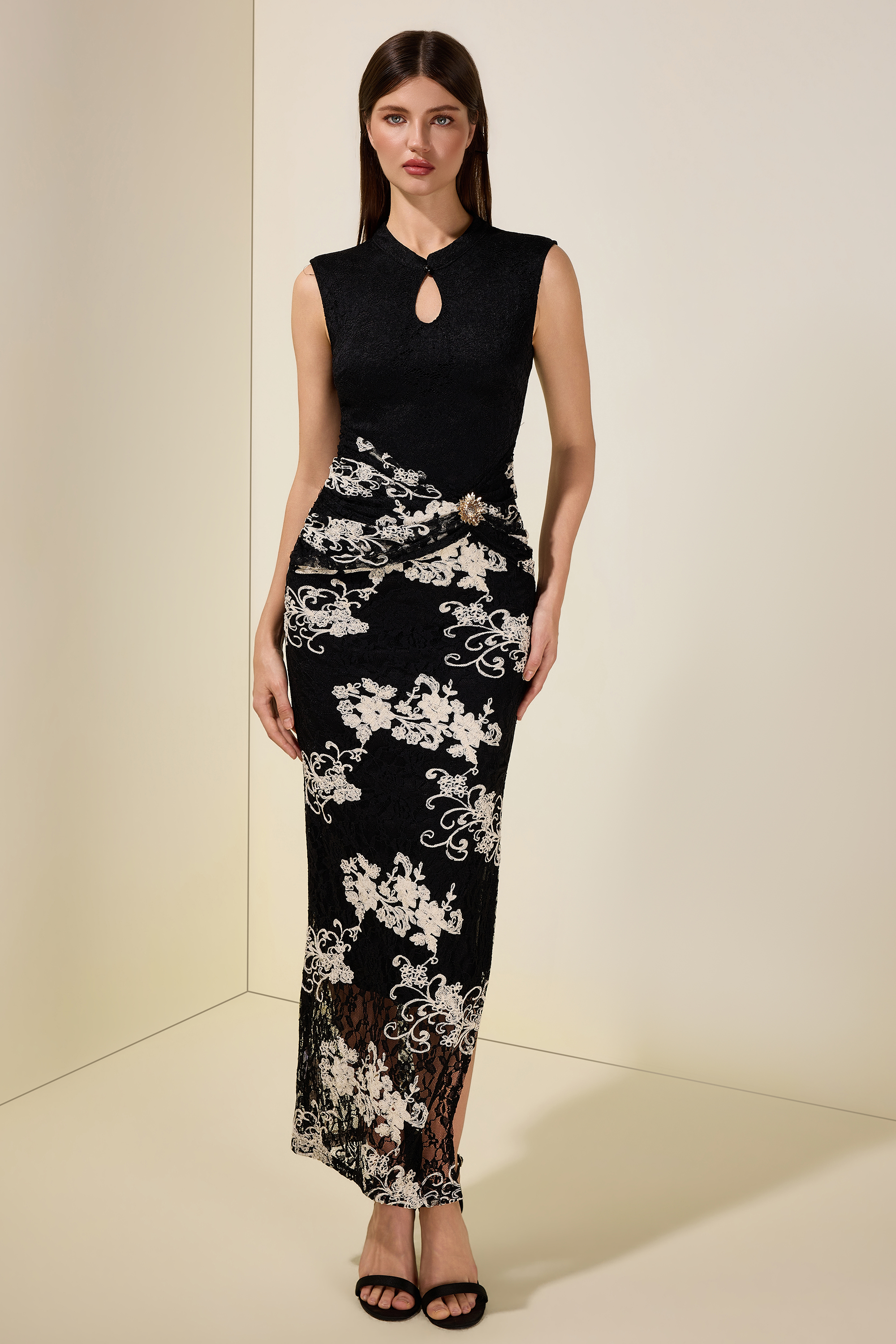 Lace Embroidered Stand Collar Maxi Dress