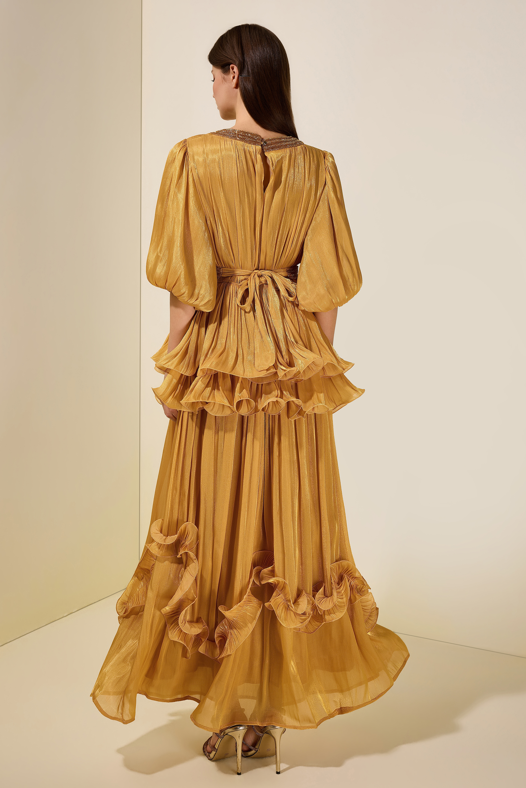 Satin Sequin Puff Sleeve Ruffle Maxi Dress With Belt