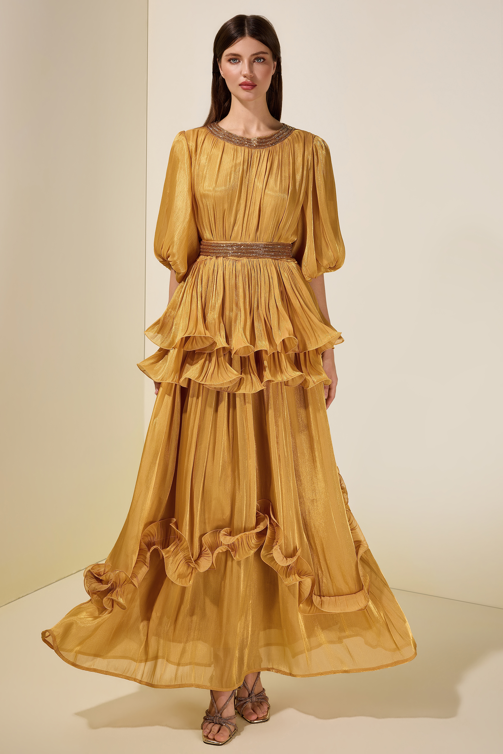 Satin Sequin Puff Sleeve Ruffle Maxi Dress With Belt