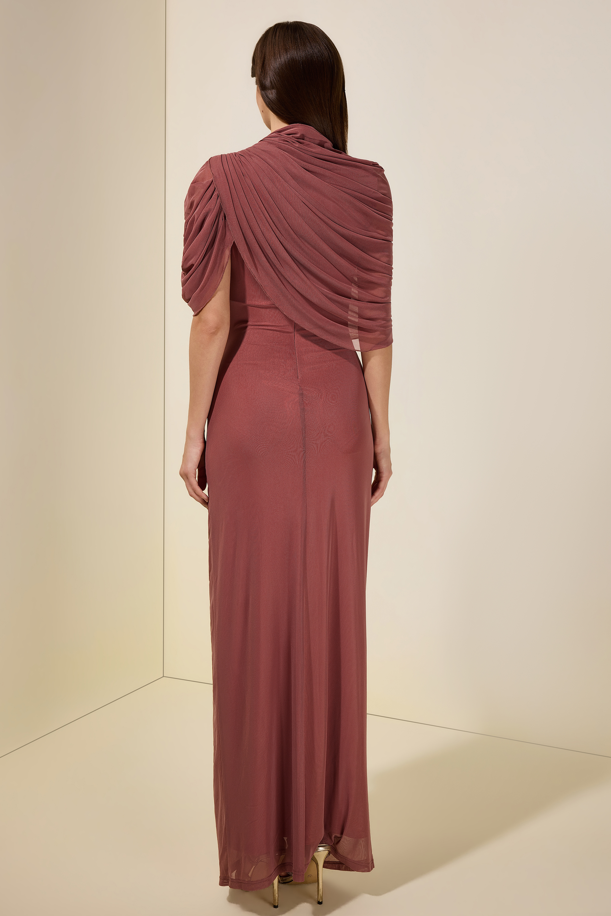 Ruched Asymmetrical High Neck Maxi Dress