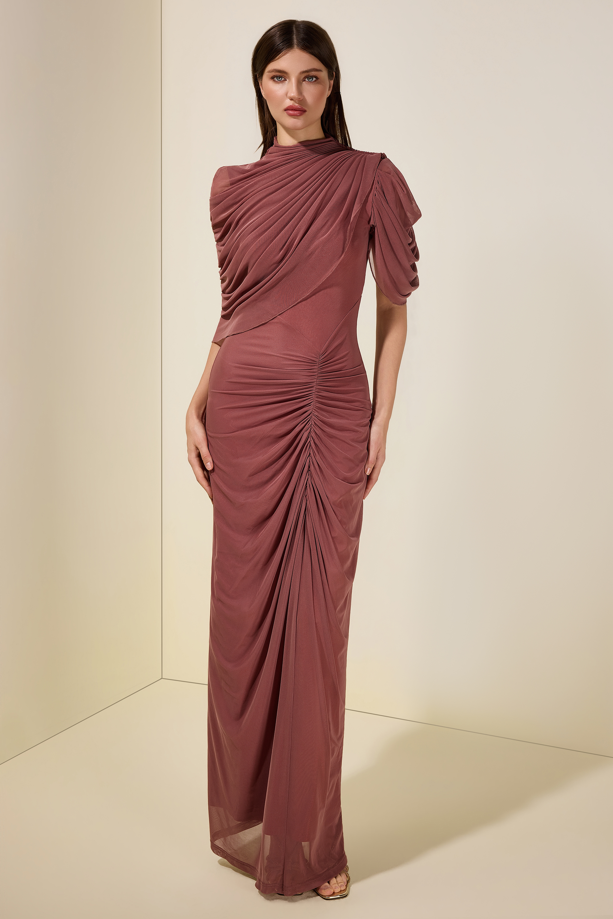 Ruched Asymmetrical High Neck Maxi Dress
