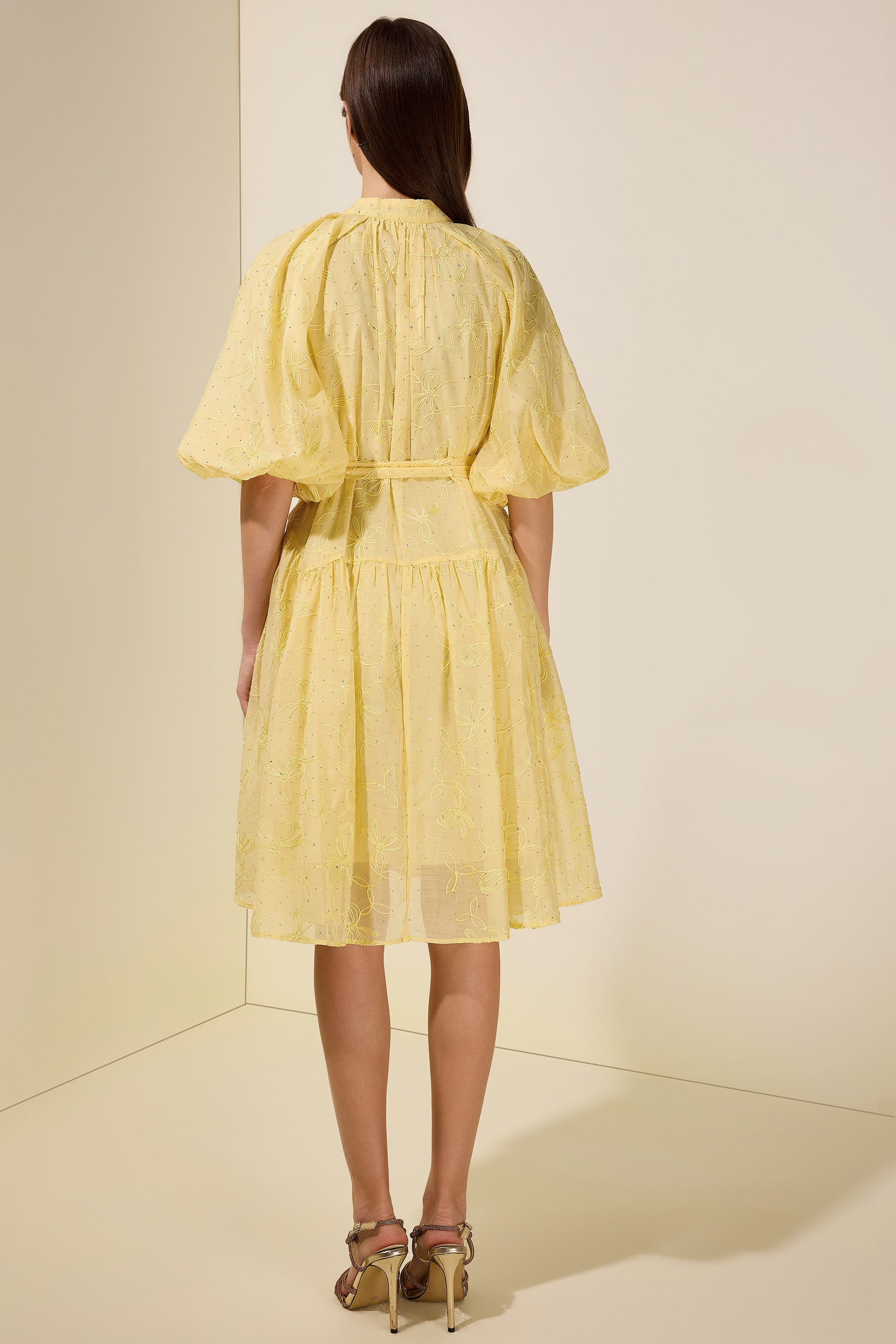 Embroidered Rhinestone Puff Sleeve Mini Dress