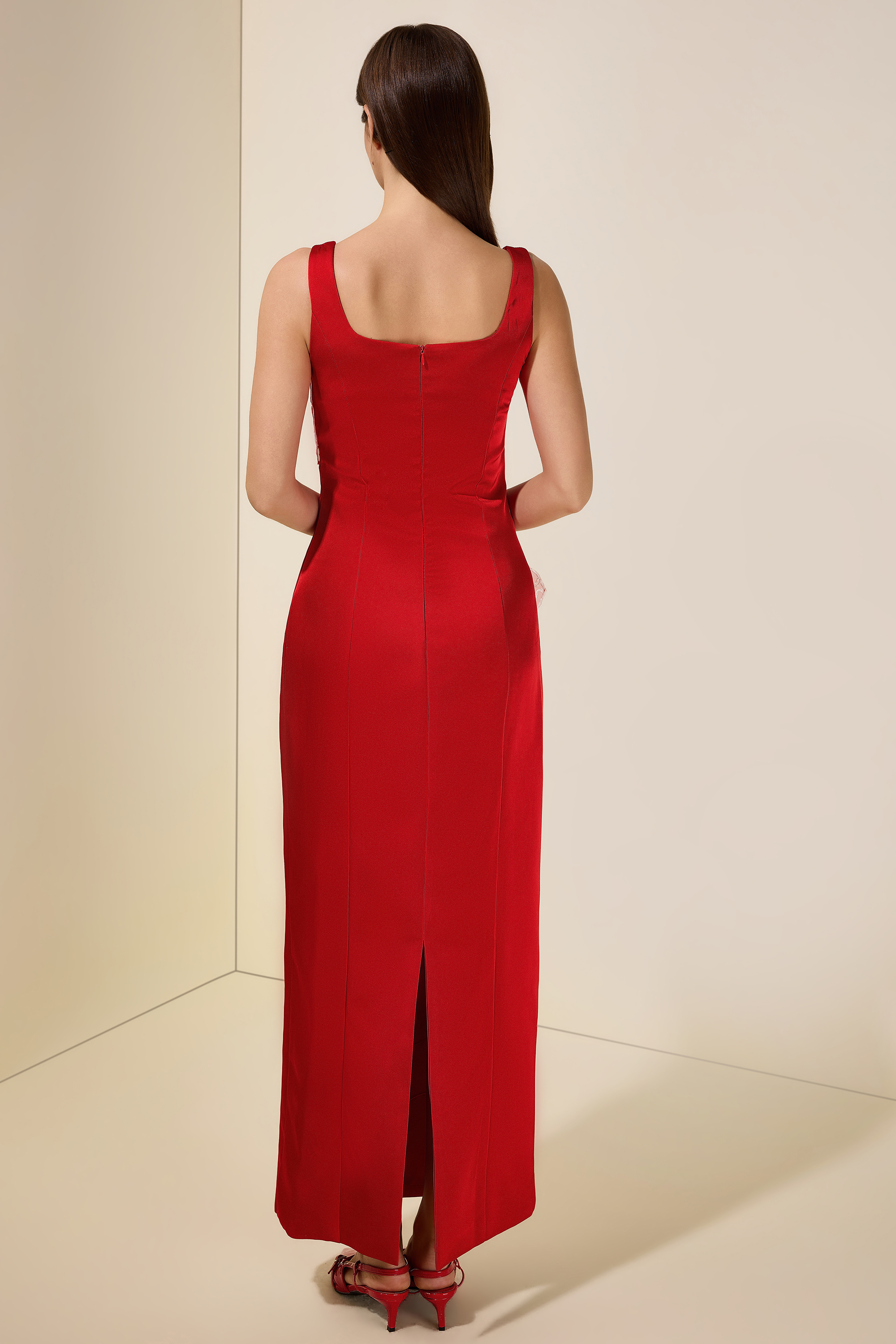 Satin Embroidered Square Collar Maxi Dress