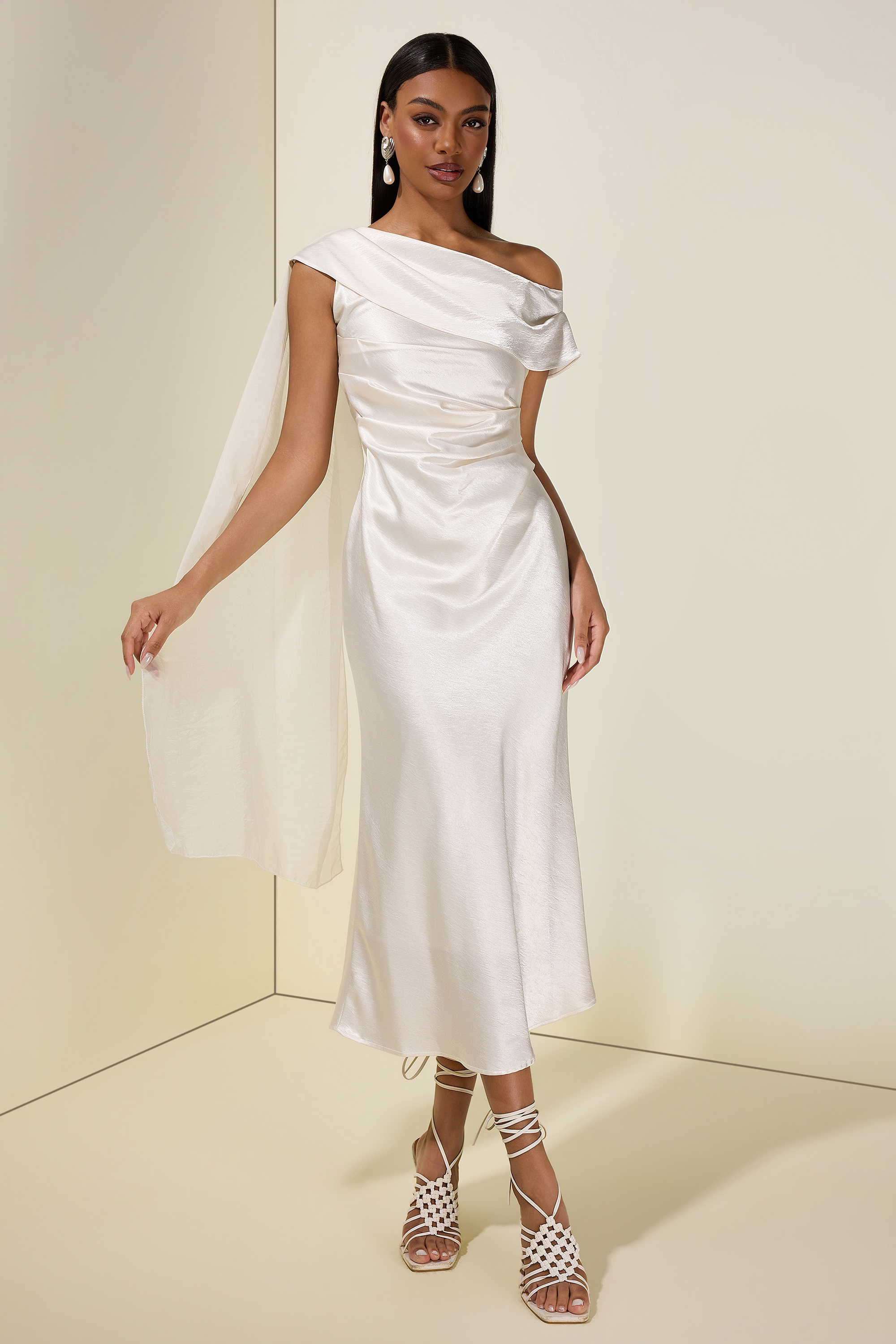 Satin One-Shoulder Cape Sleeve Maxi Dress