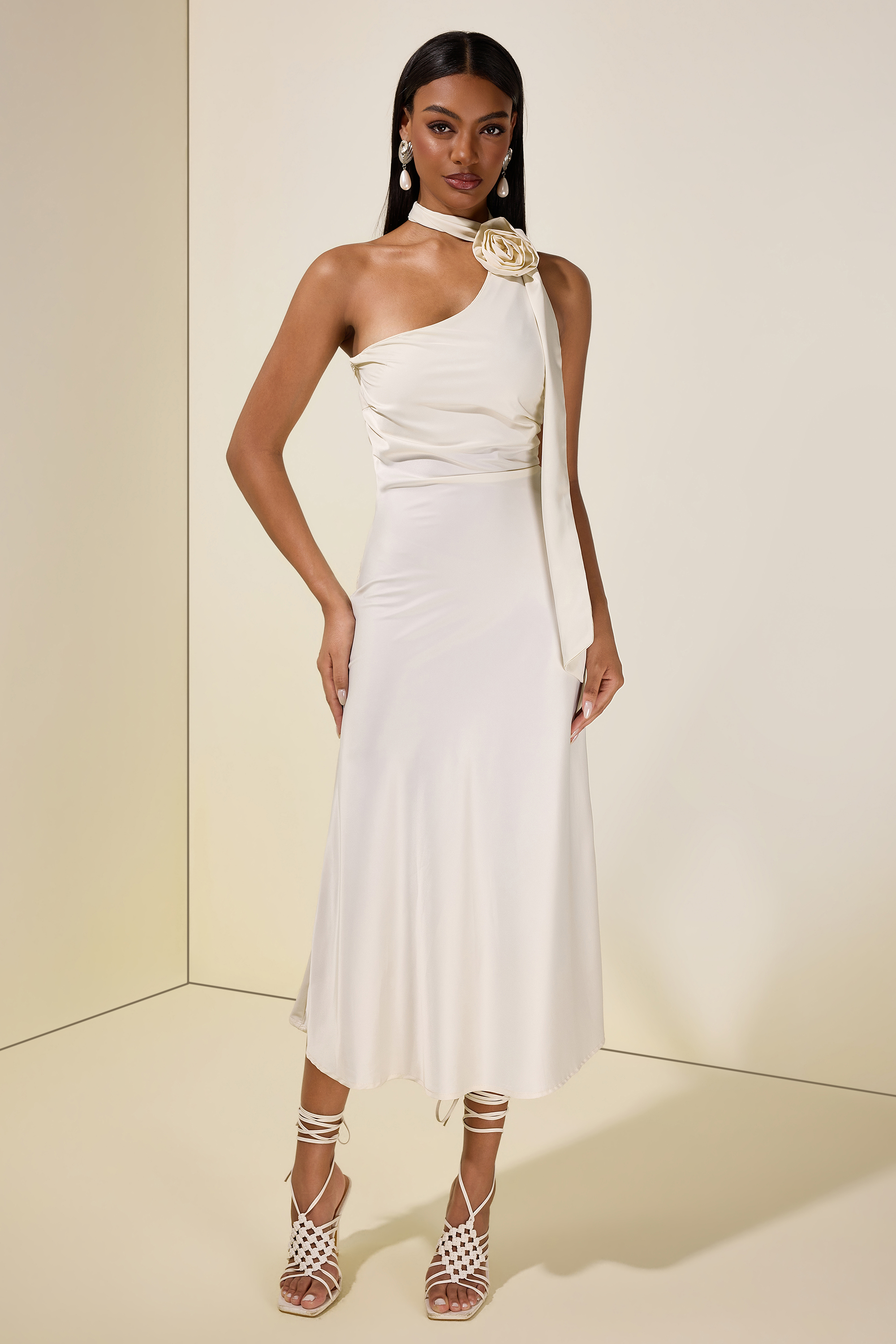 Satin 3D Flower Halter Neck Maxi Dress