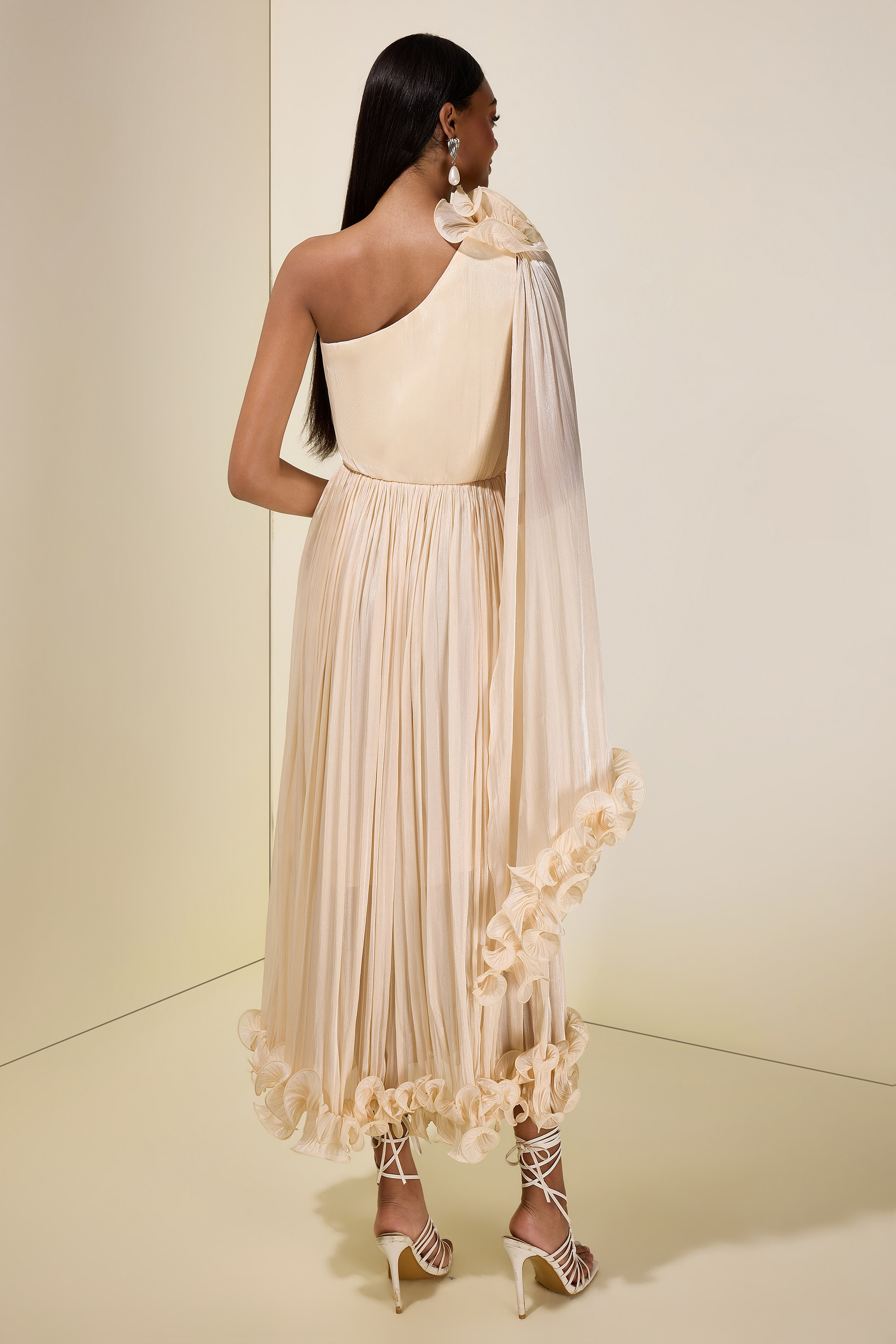 Satin One-Shoulder 3D Flower Midi Dress