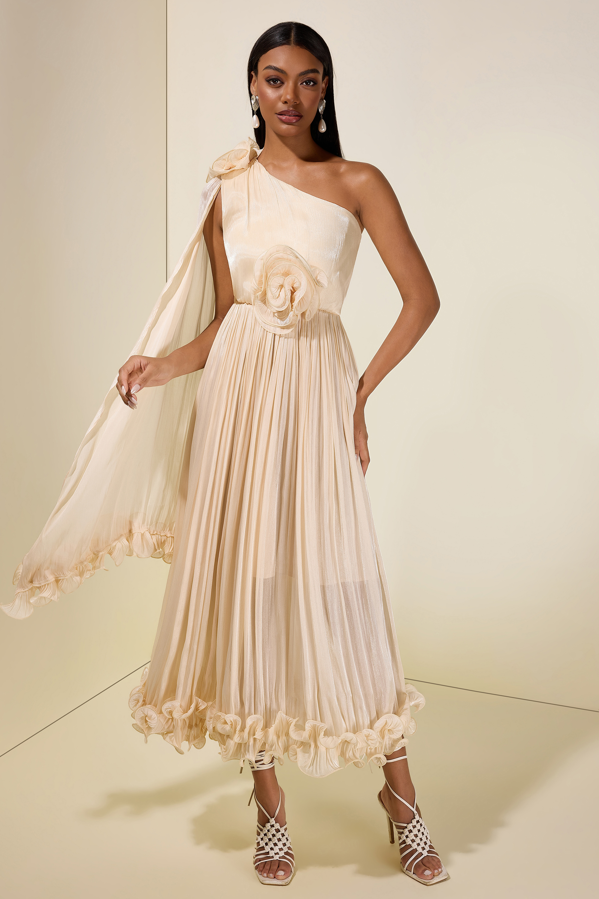 Satin One-Shoulder 3D Flower Midi Dress