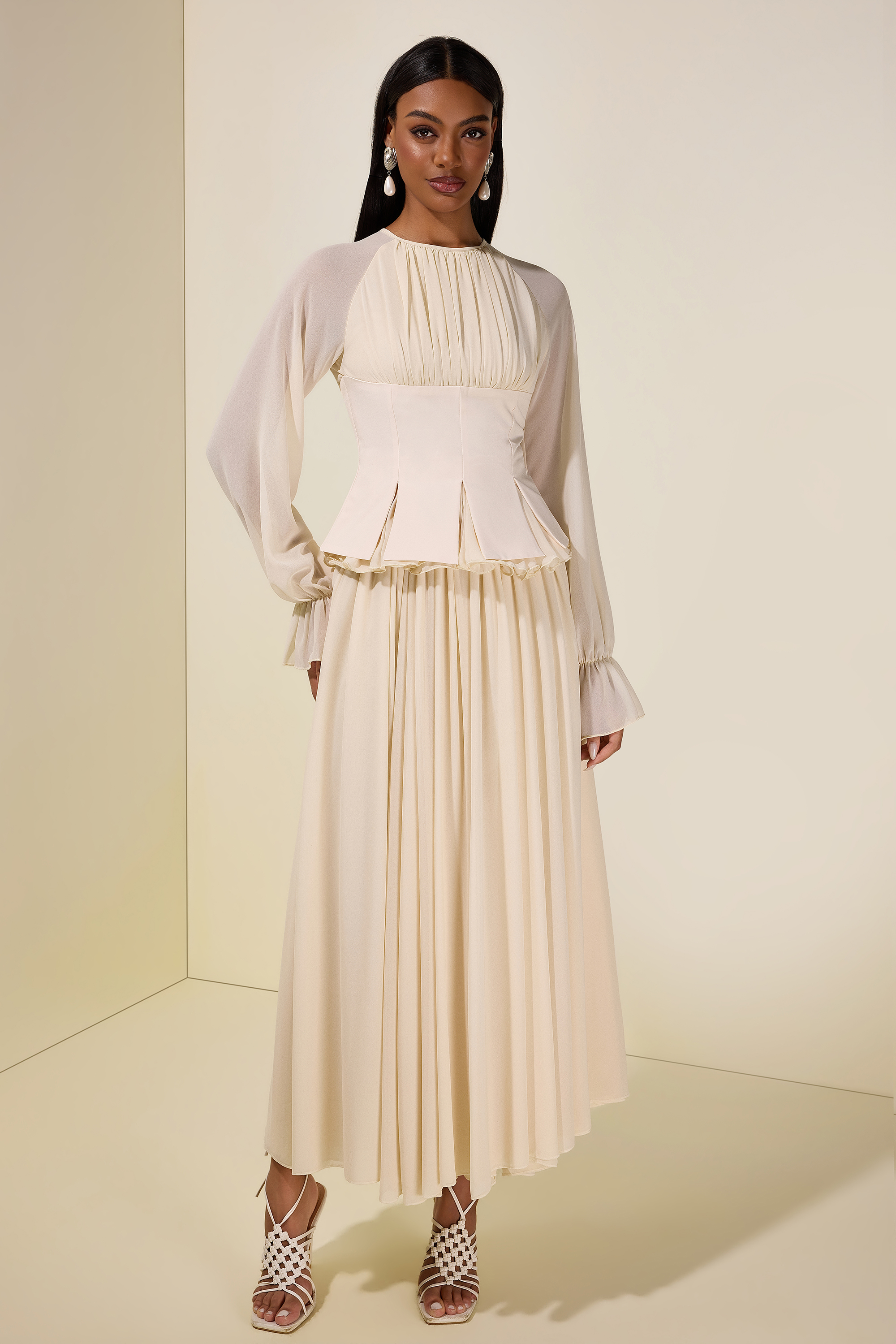 Chiffon Ruched Ruffle Top & Maxi Dress Set