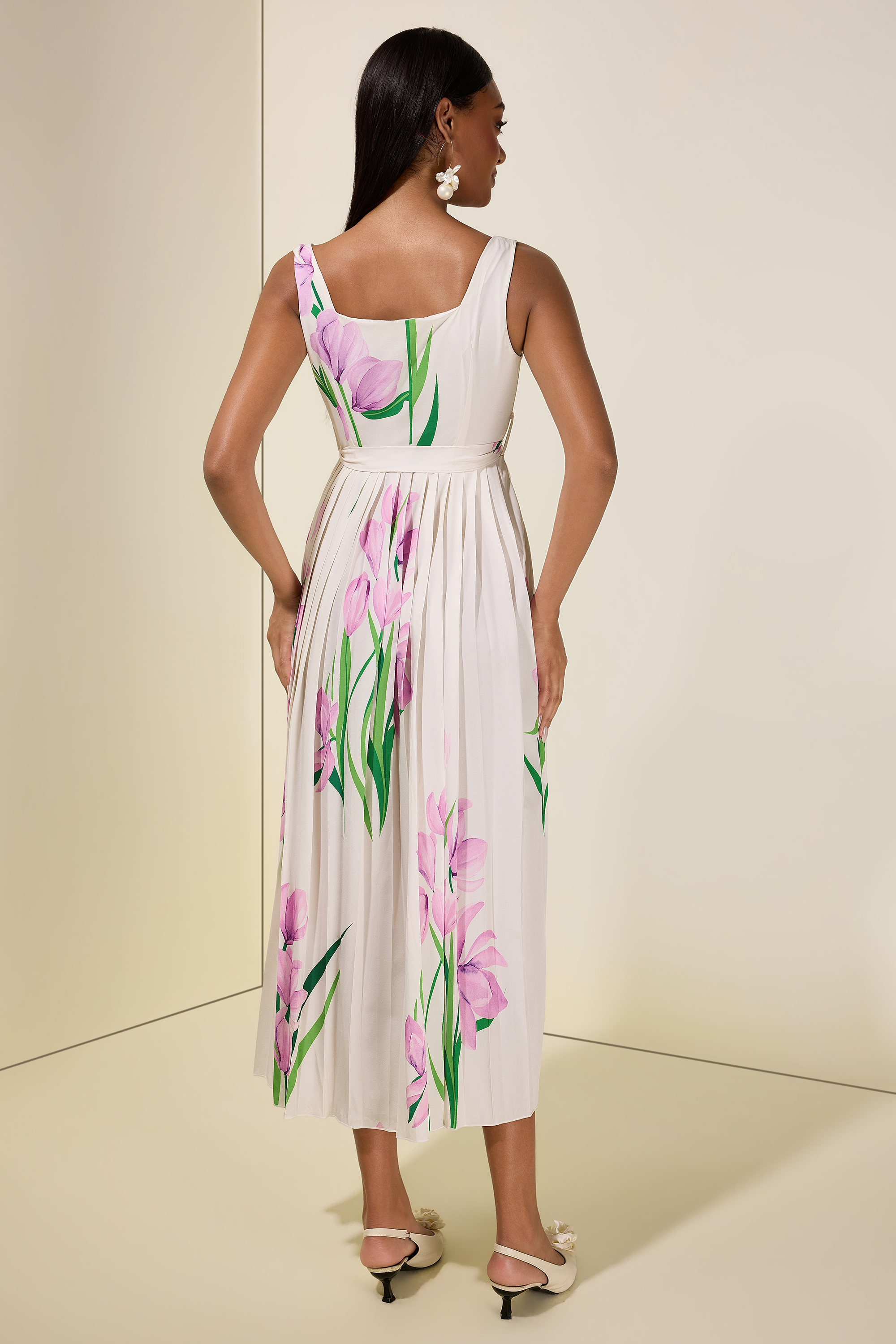 Floral Square Collar Pleated Midi Dress