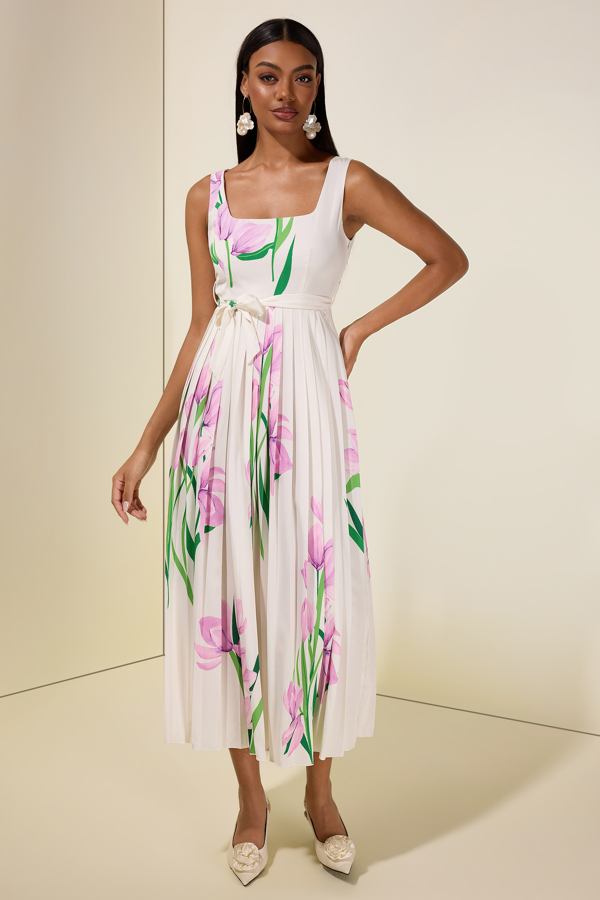 Floral Square Collar Pleated Midi Dress