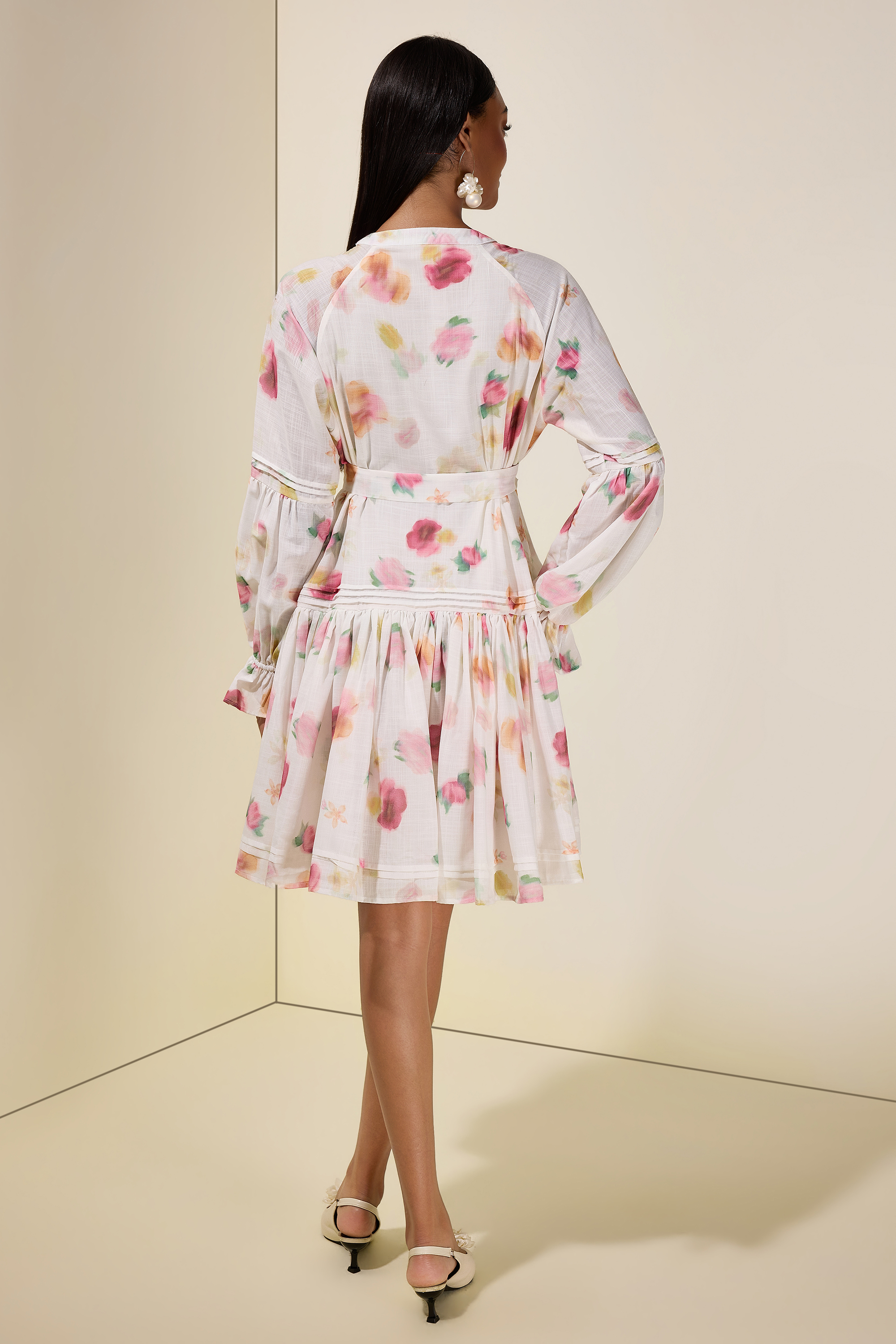 Floral Button Lantern Sleeve Mini Dress